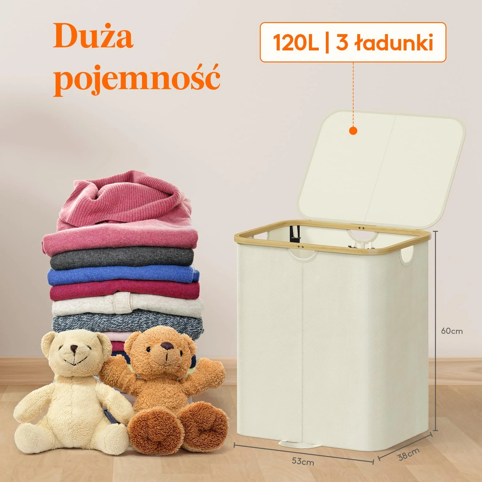 Lifewit 120L Kosz na Pranie z Pokrywą i Bambusowymi Uchwytami - Duży Składany z Wyjmowaną Torbą do Sypialni, Łazienki, Akademika, Pralni - Beżowy