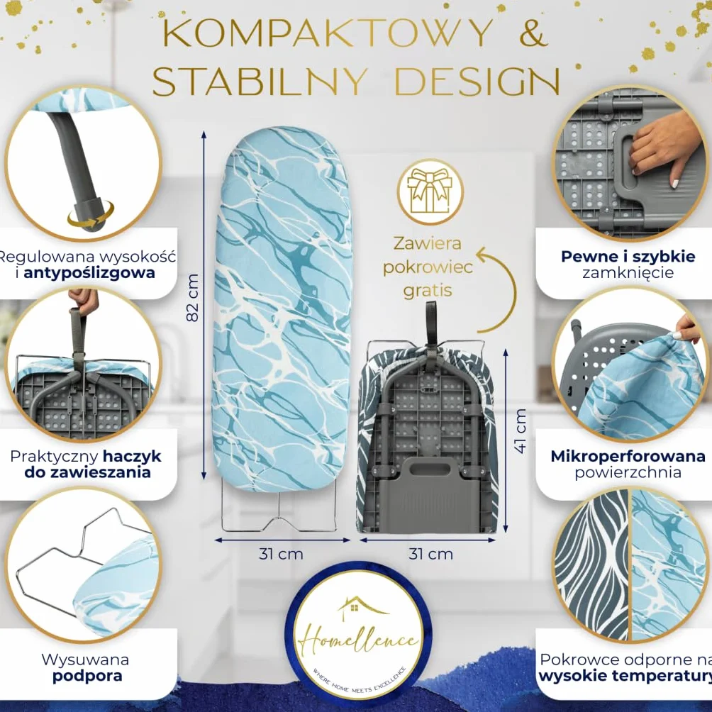 Homellence Kompaktowa Deska do Prasowania Stołowa Składana Mini Przenośna 2 Pokrowce Niebieska