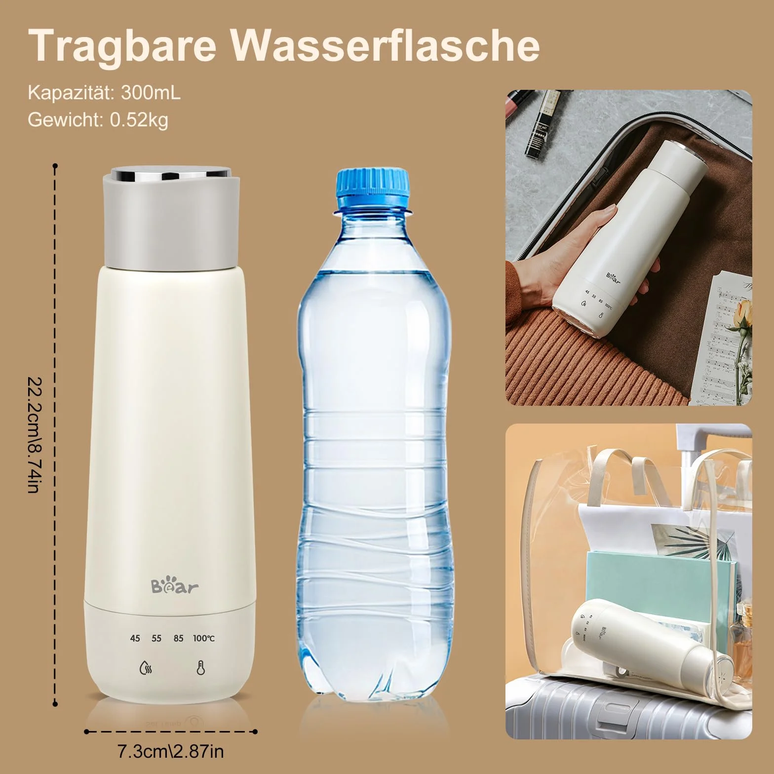 Bear Czajnik elektryczny 300 ml, 4 temperatury, 3 w 1, dwuwarstwowy, ze stali nierdzewnej 304, przenośny, mały, szybki ogrzewanie, izolowany kubek, wersja nieładowana
