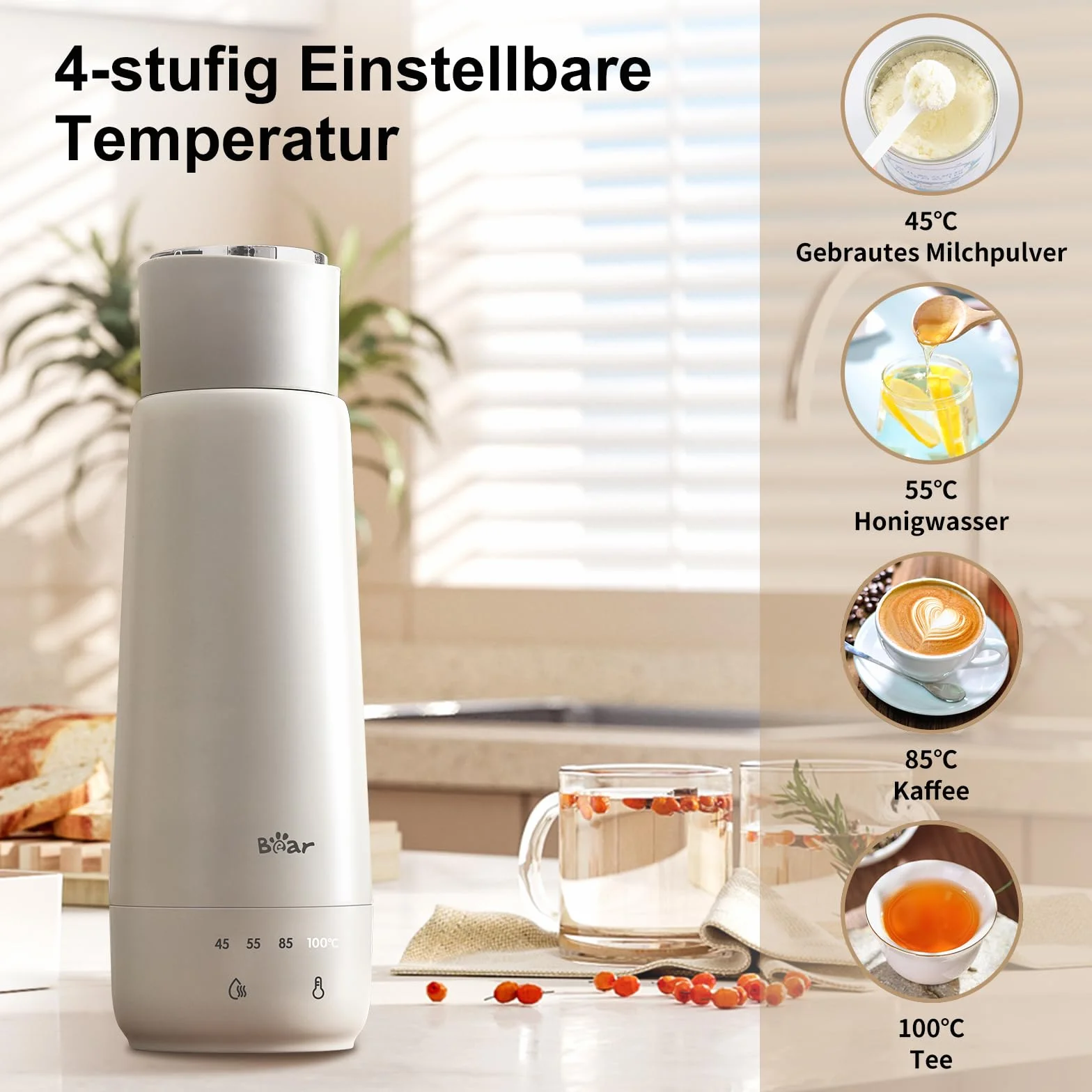 Bear Czajnik elektryczny 300 ml, 4 temperatury, 3 w 1, dwuwarstwowy, ze stali nierdzewnej 304, przenośny, mały, szybki ogrzewanie, izolowany kubek, wersja nieładowana
