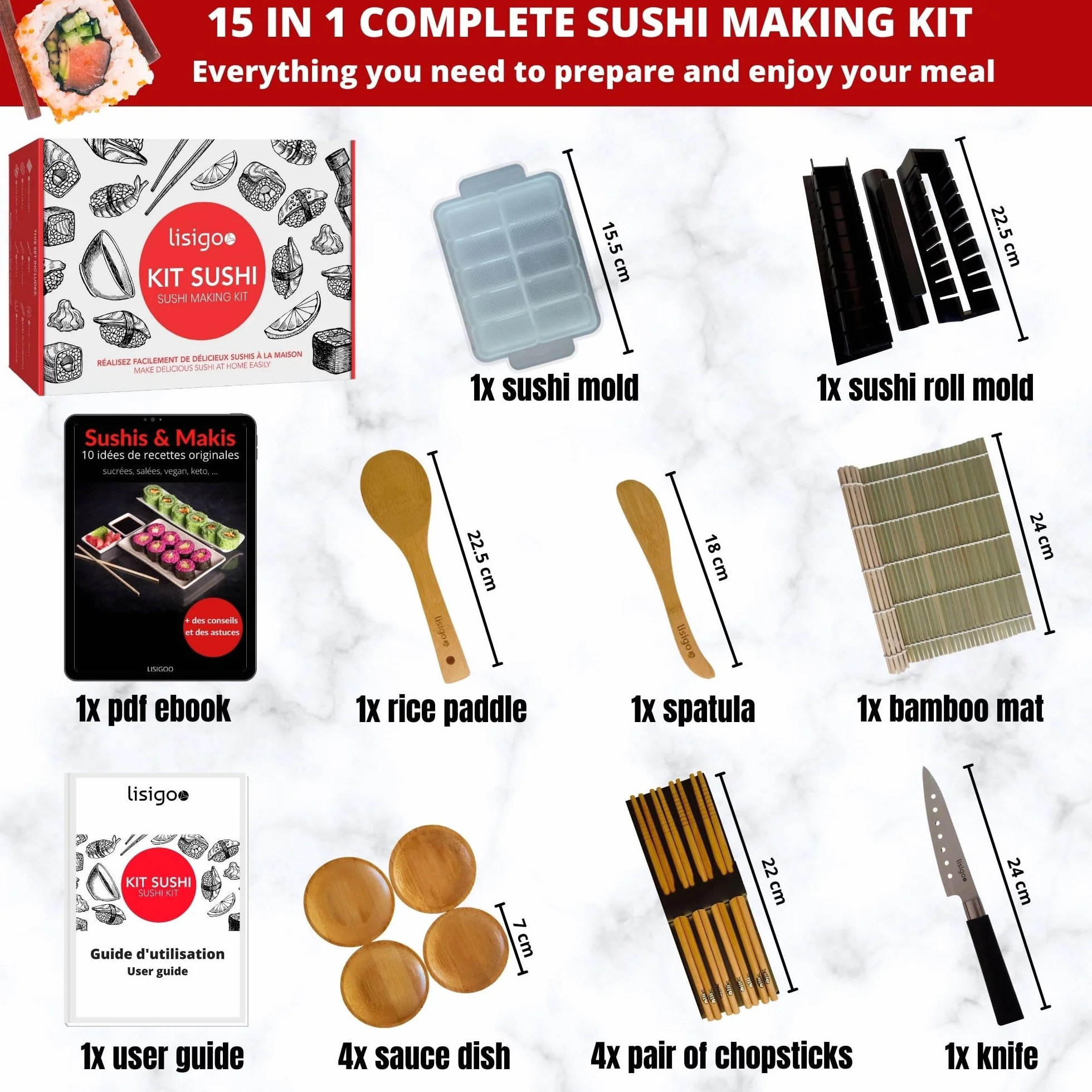 Kompletny zestaw do robienia sushi maki – zestaw do robienia sushi makis – pudełko z bambusową matą, japoński nóż, pałeczki, forma do maki, nie zawiera BPA, pomysł na prezent dla mężczyzn i kobiet