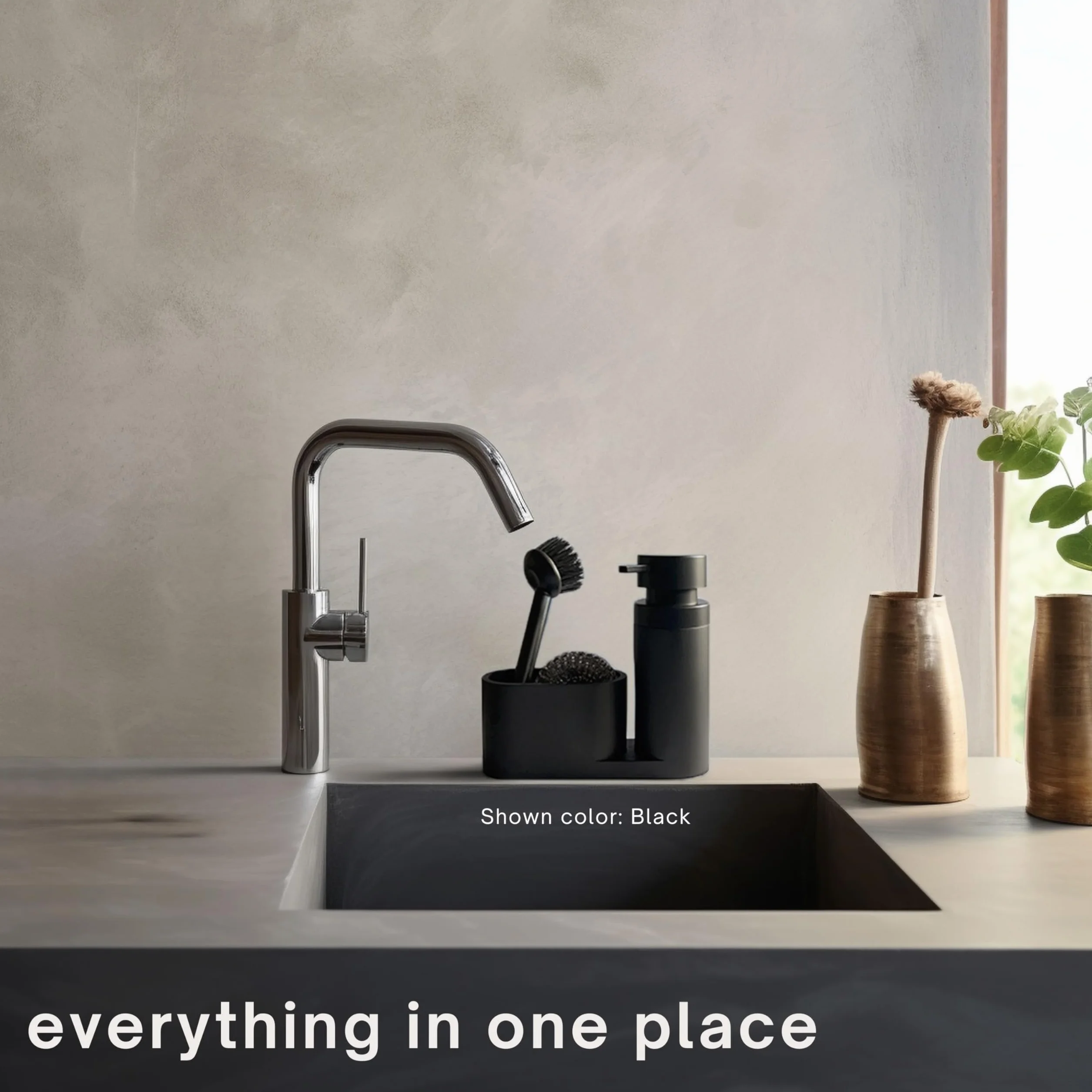 Black Sweden Home Designerski organizer do zlewozmywaka ze sztucznego kamienia ze szczotką i stalową gąbką – organizer kuchenny zestaw do zlewozmywaka czarny matowy – dozownik płynu do mycia naczyń