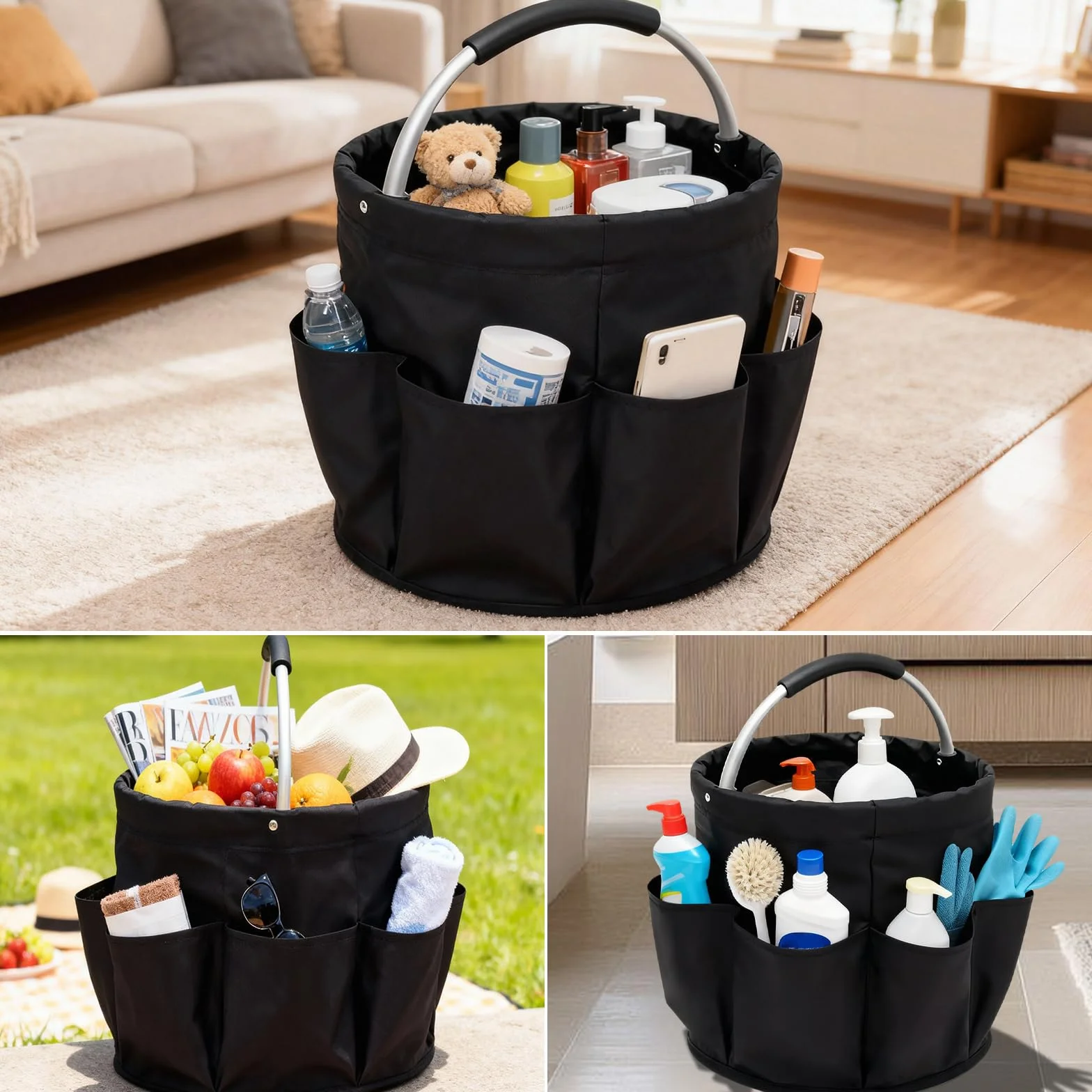 Organizer na środki czyszczące, 17 l, kosz do czyszczenia z uchwytem i 6 przegródkami, 28 x 28 cm, składana torba do czyszczenia, przenośna torba do czyszczenia, do łazienki, salonu, ogrodu