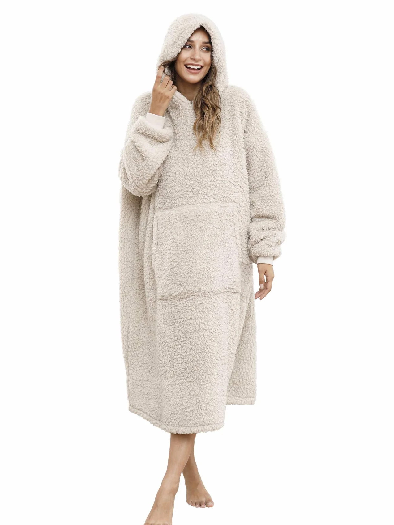 Bluza z kapturem Oversize Sherpa dla kobiet i mężczyzn ciepły koc kudłaty sweter Beżowy