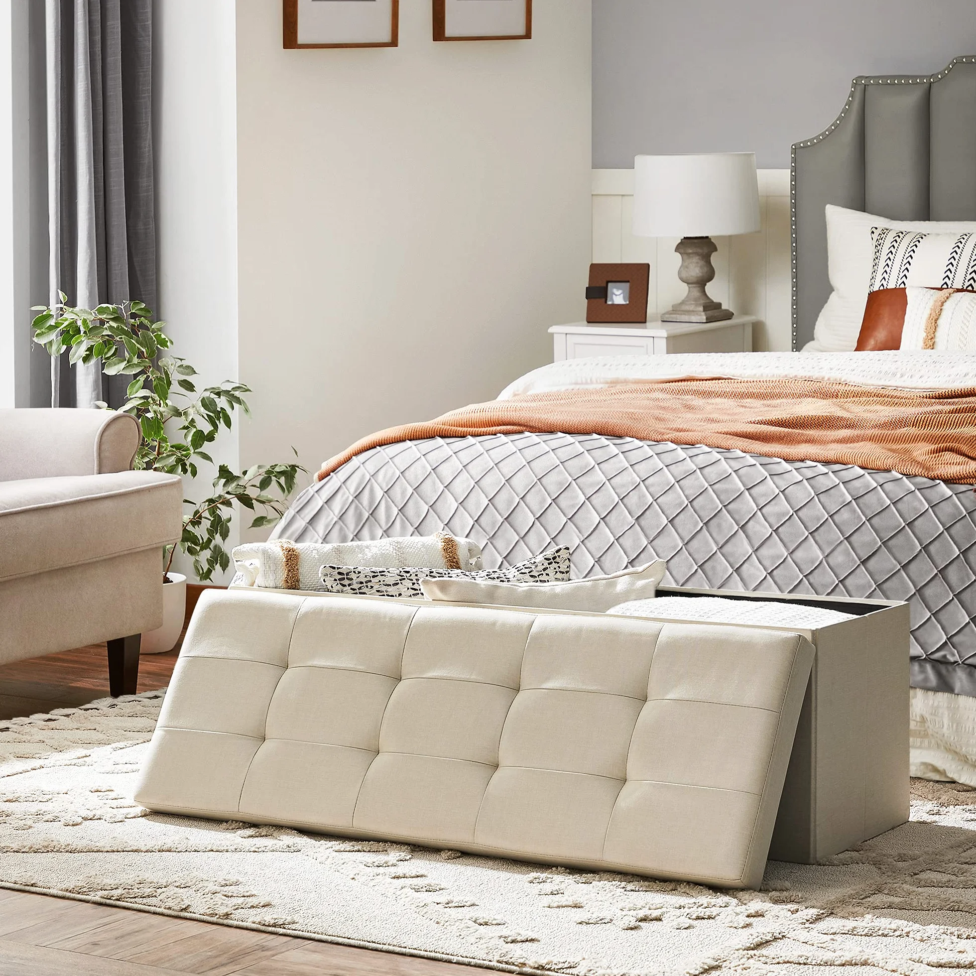 SONGMICS Taboret Składana Ławka z Miejscem do Przechowywania 38x110x38 cm Podnóżek Obciążenie 300 kg