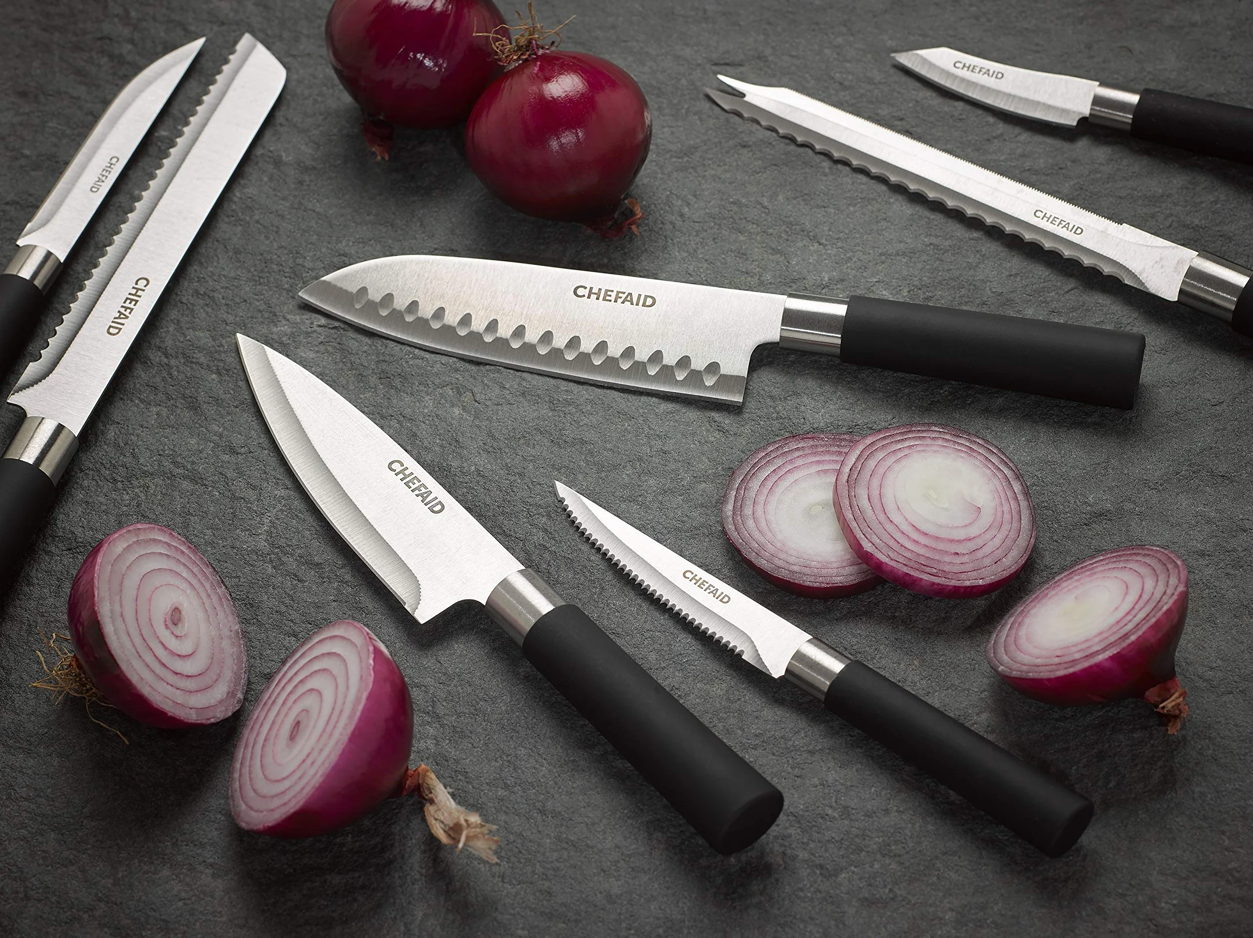 Chef Aid Nóż Santoku ze stali nierdzewnej, 7 cali (18 cm) – miękki uchwyt, wszechstronne ostrze, idealny do krojenia i krojenia w kostkę, zalecane mycie ręczne