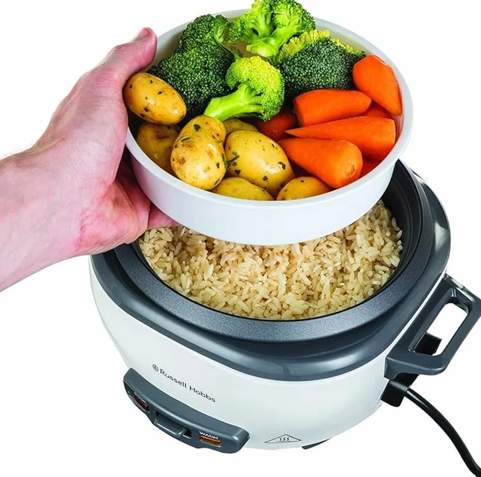 Russell Hobbs szybkowar, ryżowar, pojemność 0,8l, wyjmowany garnek, funkcja podtrzymywania ciepła, pokrywka ze szkła hartowanego, stal nierdzewna, moc 300W, biały, Szybkowar 27030-56