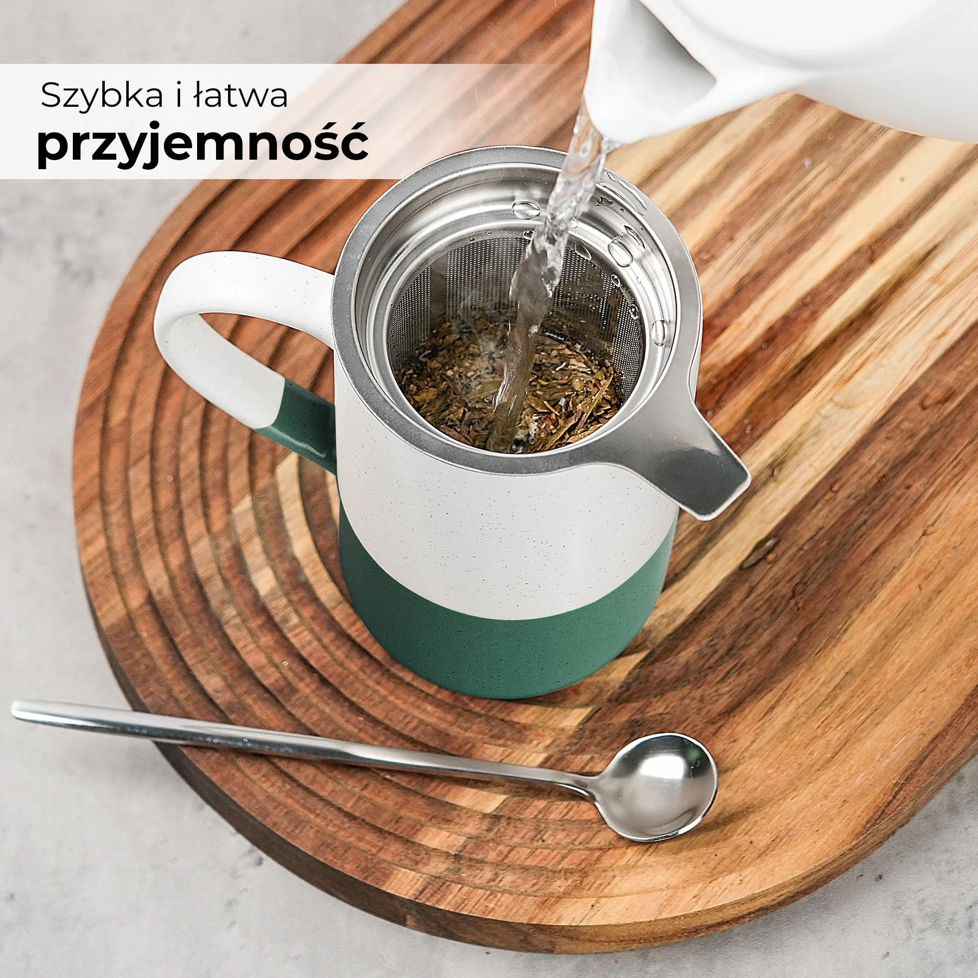 Zestaw Filiżanek do Herbaty 2 x 500 ml Ceramiczny Kubek z Zaparzaczem i Pokrywką Ciemnozielony