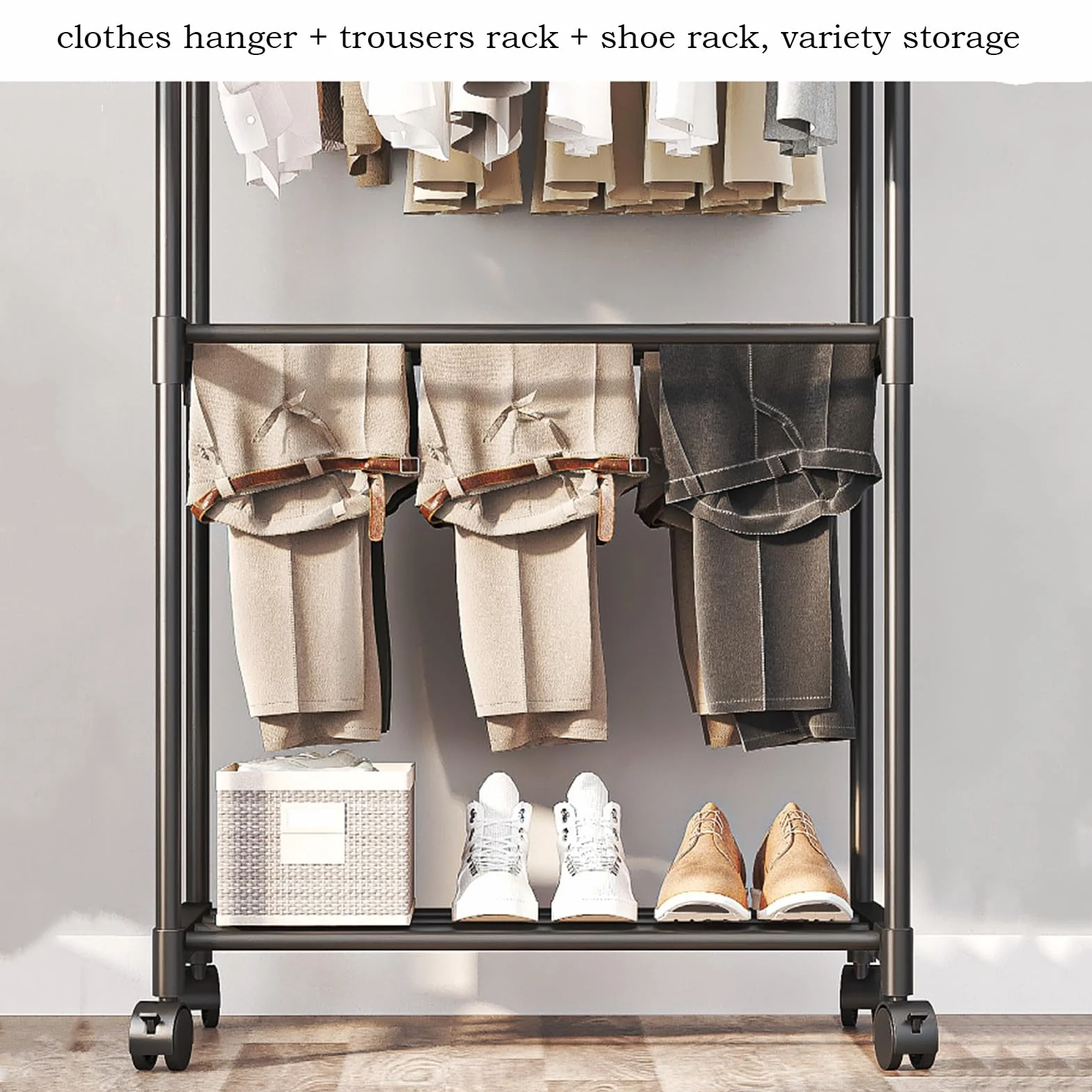 Double Rods Clothes Rack With Wheels Metal Clothing Rack For Hanging Clothes Portable Wardrobe Garment Racks For Bedroom Laundry Living Room(Black)