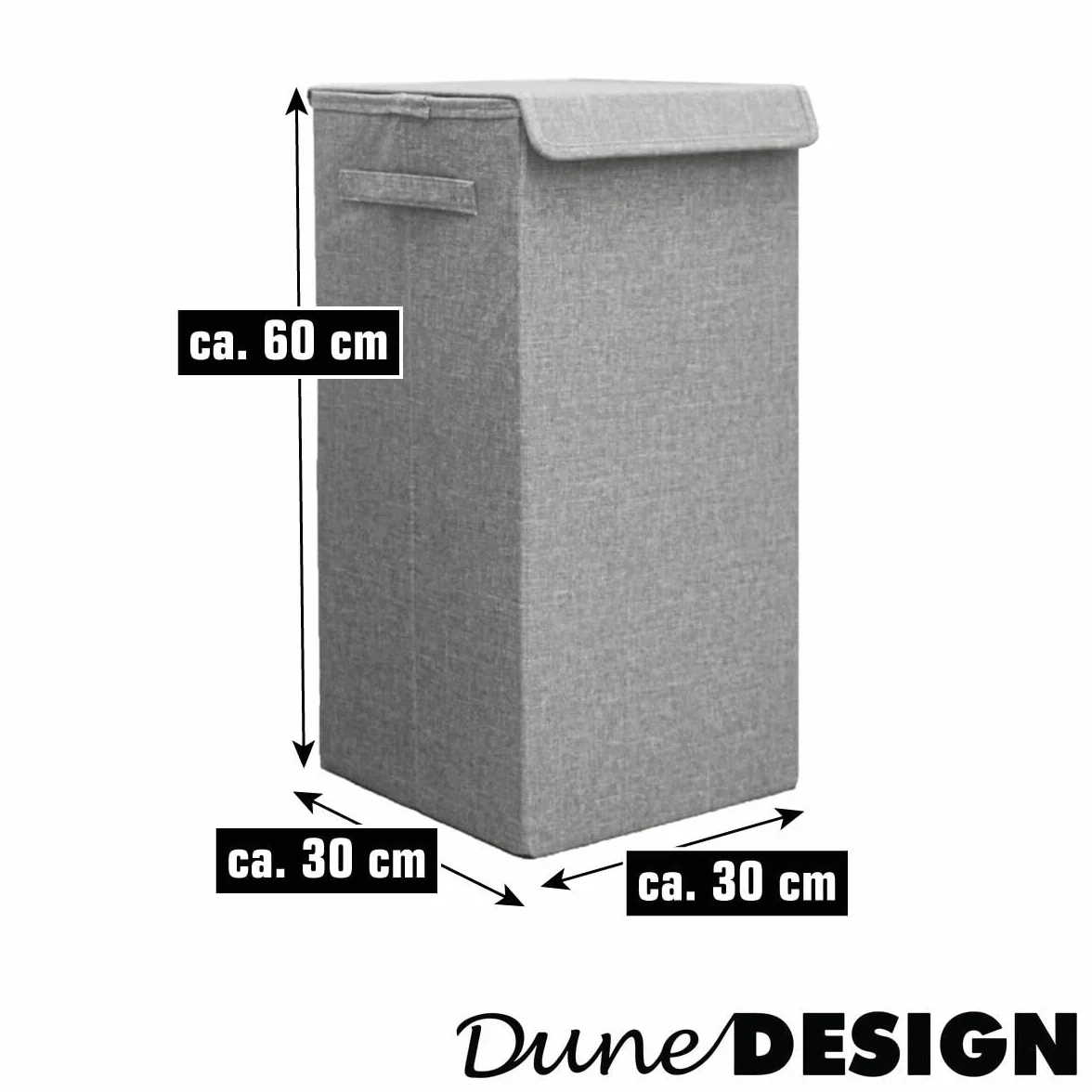 DuneDesign Kosz na pranie z pokrywką, 50 l, 30 x 30 x 60 cm, szary, ze stabilną ramą drewnianą, składany pojemnik na pranie do łazienki i sypialni, wąski kosz na pranie z pokrywką
