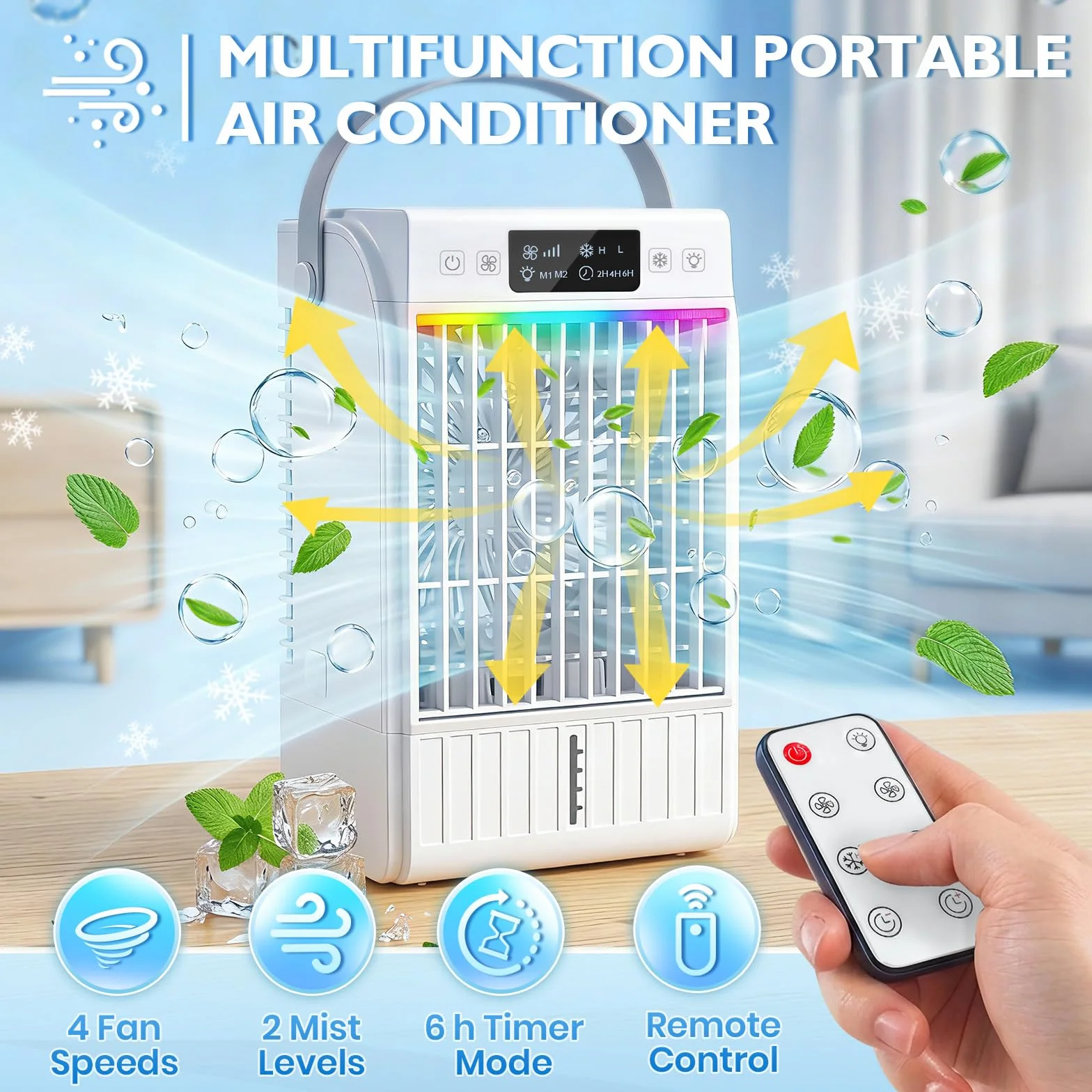 JONRRYIN Mini klimatyzator przenośny 4 w 1, mały klimatyzator z pilotem zdalnego sterowania, zbiornik na wodę 1500 ml, 4 prędkości, 2 tryby mgły, światło RGB, timer, wentylator z chłodzeniem wodnym