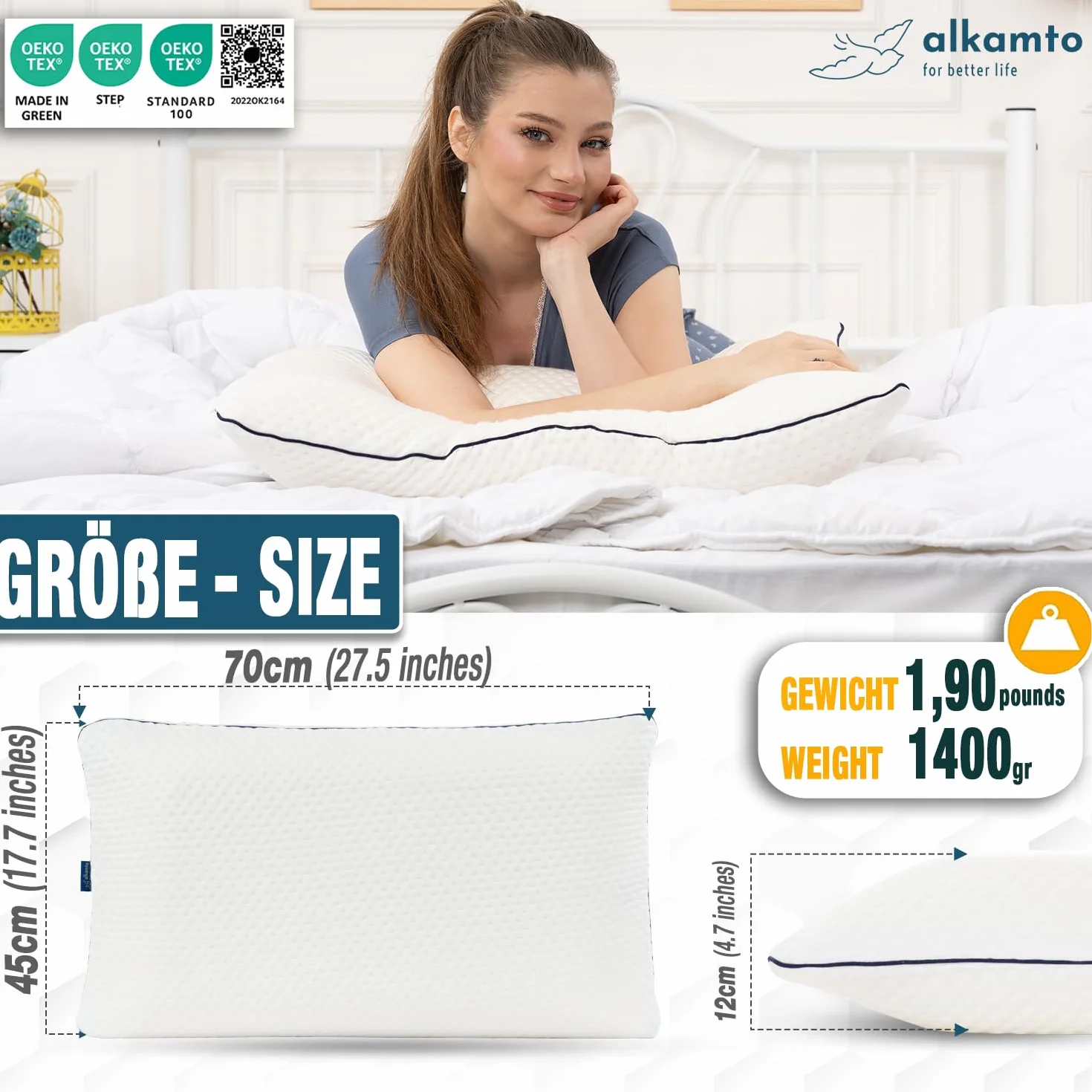 alkamto Poduszka z pianki memory 70x45 cm Ergonomiczna poduszka podpierająca kark Certyfikat Oeko-Tex