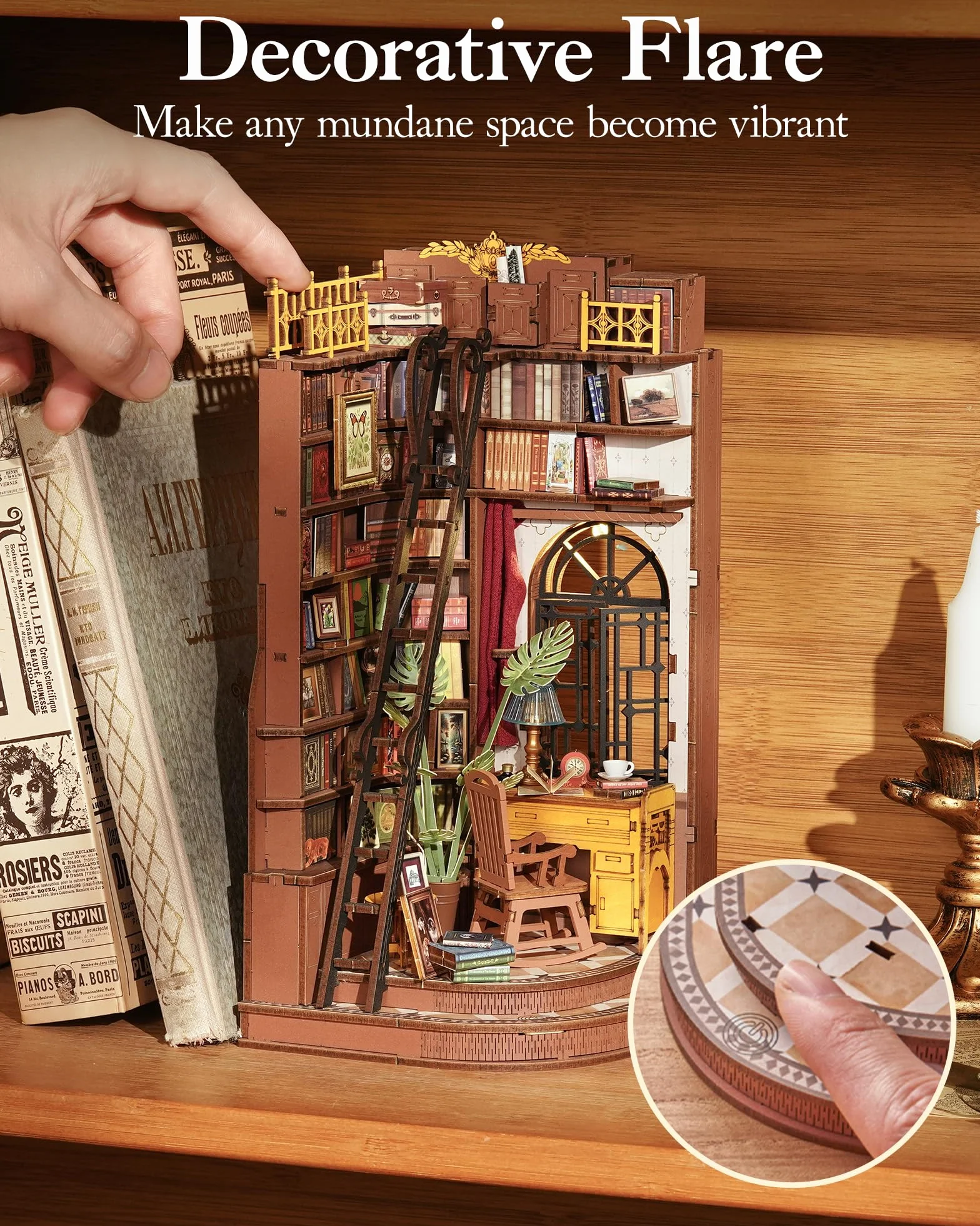 ROBOTIME Book Nook Corner Study DIY 3D Drewniane Puzzle Podpórka do Książek Dekoracja Półki