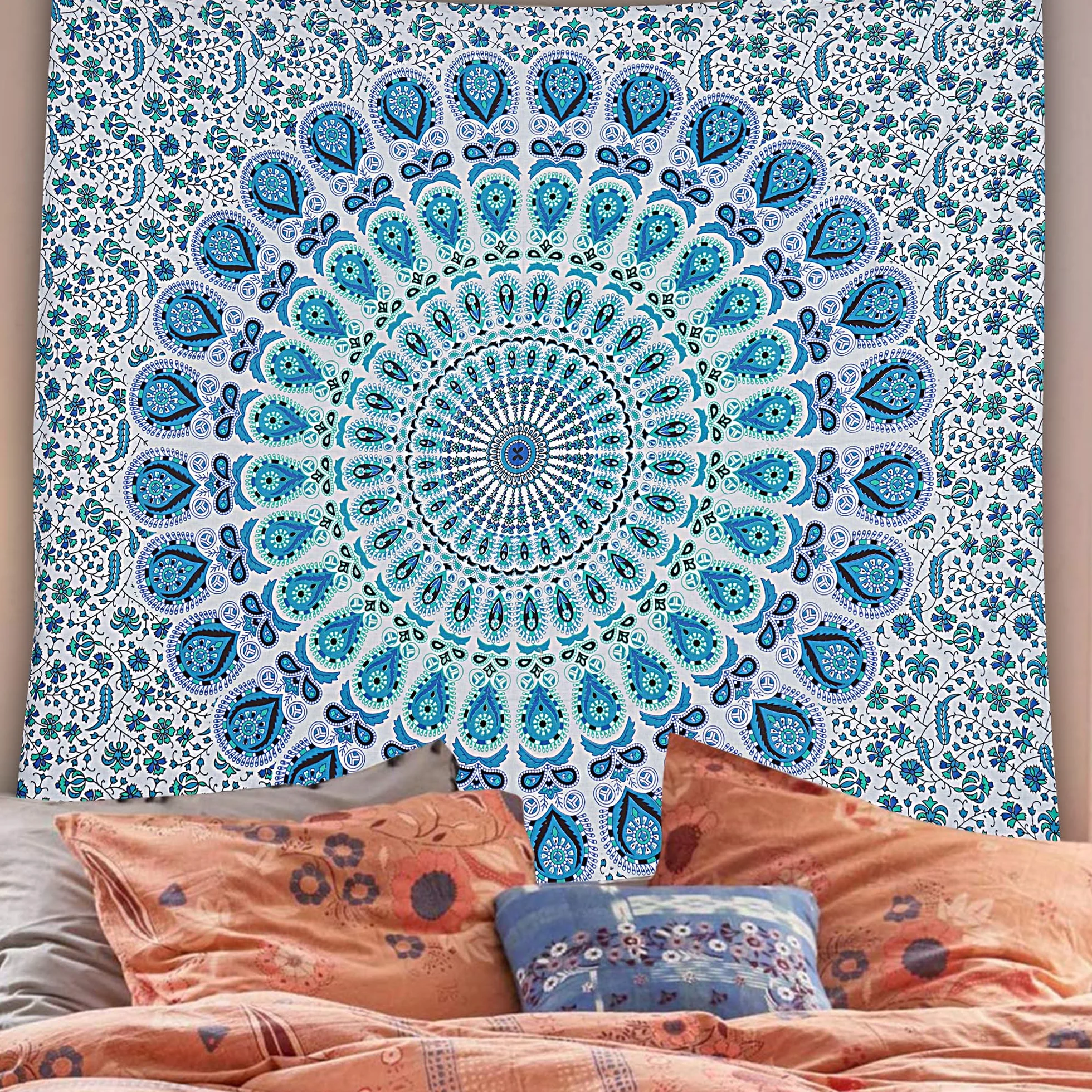 FURNISHFUL FINESSE Mandala dywan ścienny błękitny boho paw 228 x 274 cm
