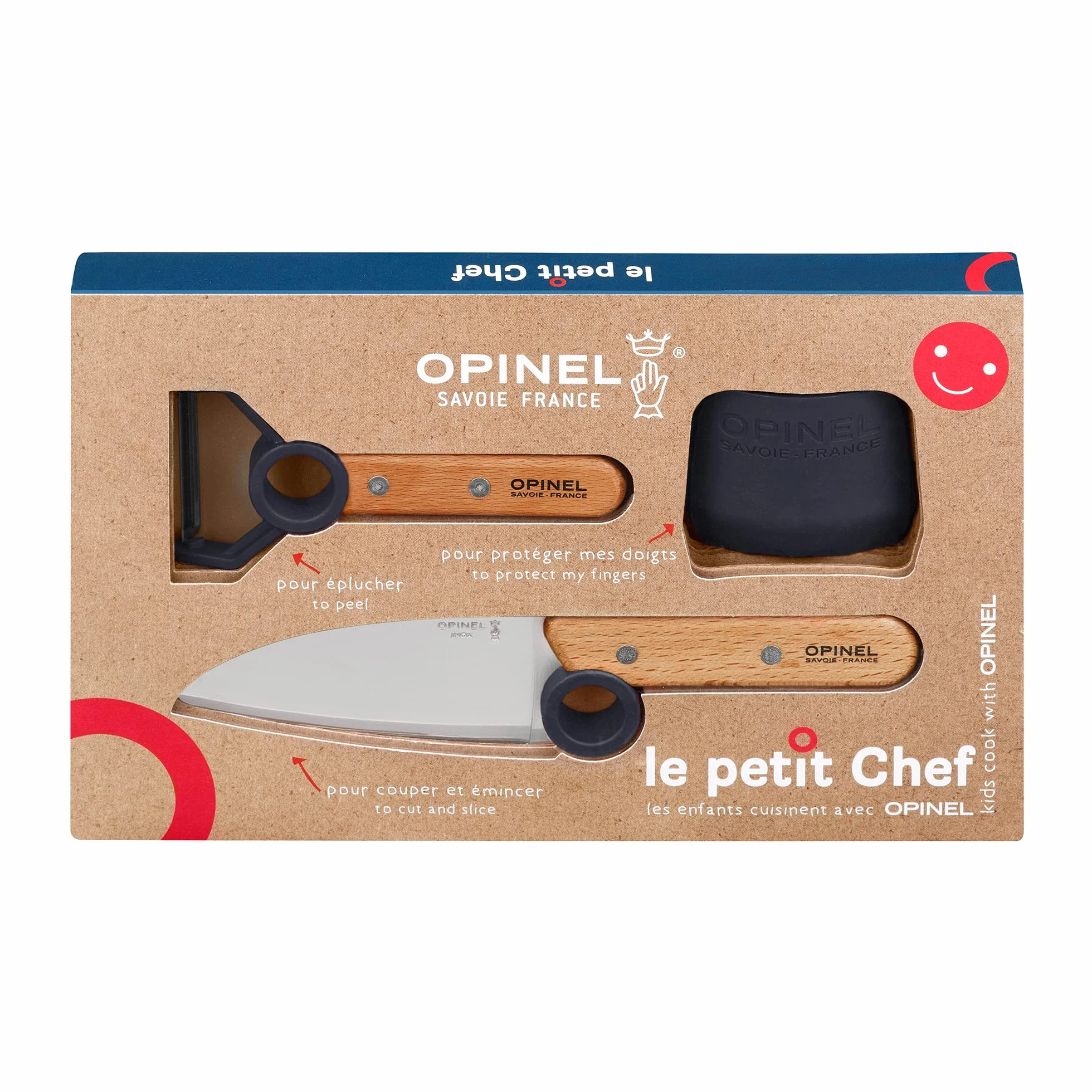 Opinel - Zestaw kuchenny Le Petit Chef dla dzieci - nóż, obieraczka i przewodnik po cięciu - od 7 lat - dożywotnia - produkcja francuska - Niebieski