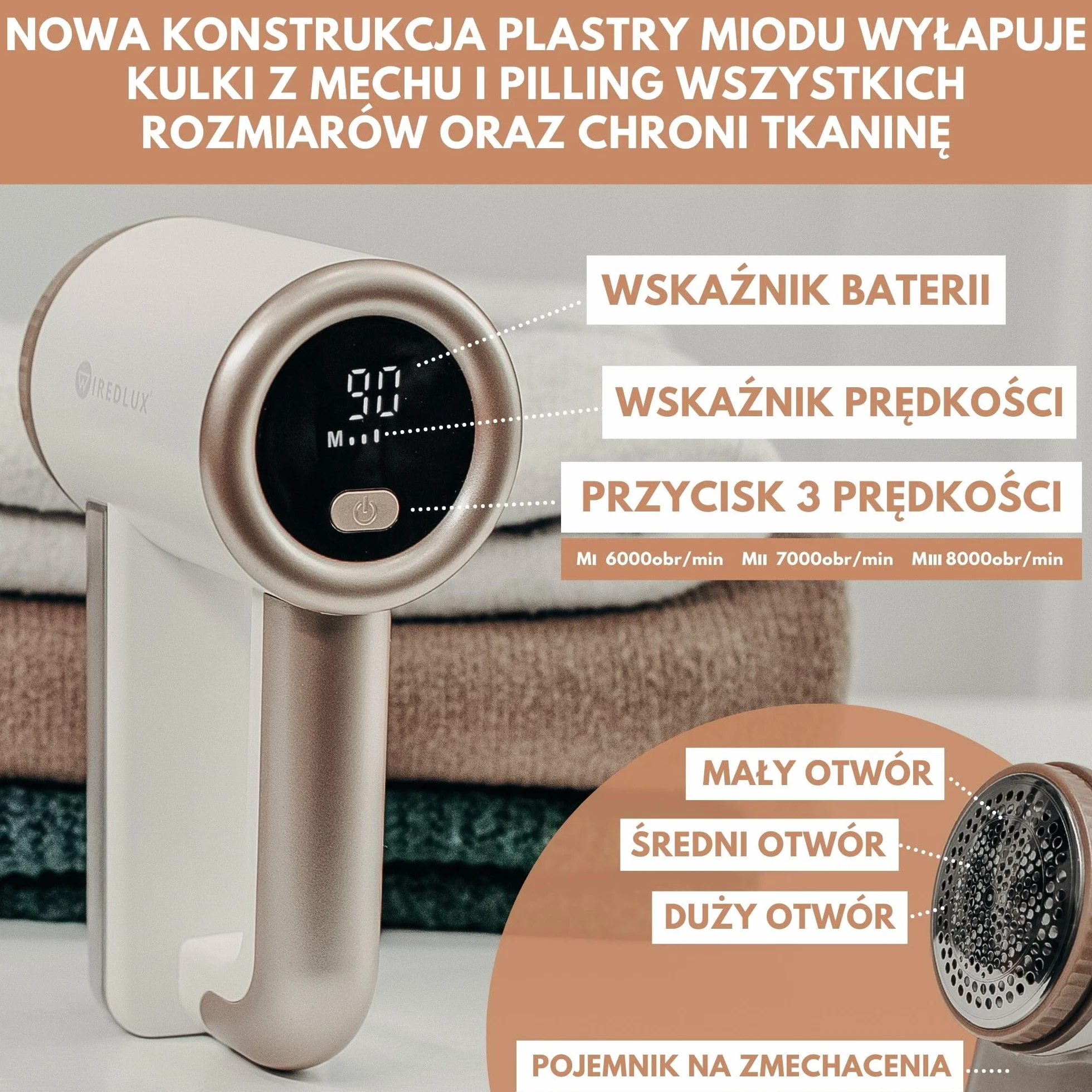Elektryczna Golarka do Kłaczków, Regulowana 3-Biegowa Prędkość, Ostrze z 6 Listkami, Wyświetlacz LED, Ładowanie przez USB Biały