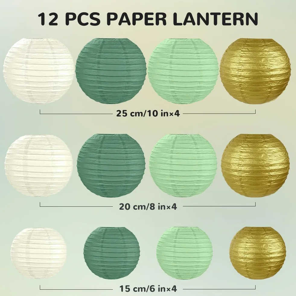 Papierowe latarnie, 12 sztuk okrągłych wiszących lampionów papierowych, 25/20/15 cm, papierowa latarnia, dekoracja do dekoracji mieszkania, na imprezę, wesele, święta (złoty, kość słoniowa