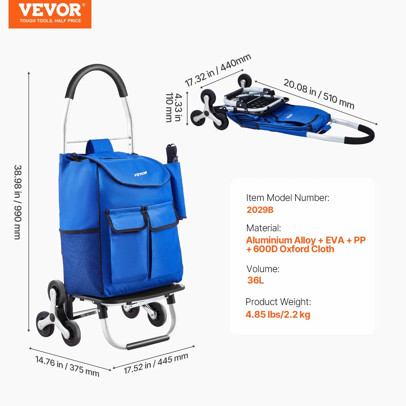 VEVOR Składany wózek na zakupy 36L Wózek na schody z 6 kołami 445 x 375 x 990 mm Torba do przechowywania z tkaniny Oxford na zakupy, do biura, przeprowadzki, transportu, na zewnątrz, pralni,