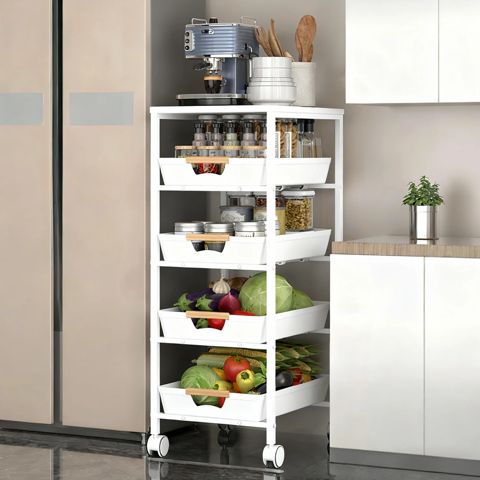 CarolynDesign 5-poziomowy organizer z metalową ramą, wózek użytkowy z drewnianym blatem, wielofunkcyjny schowek na kółkach z wysuwanymi szufladami do kuchni, salonu, łazienki