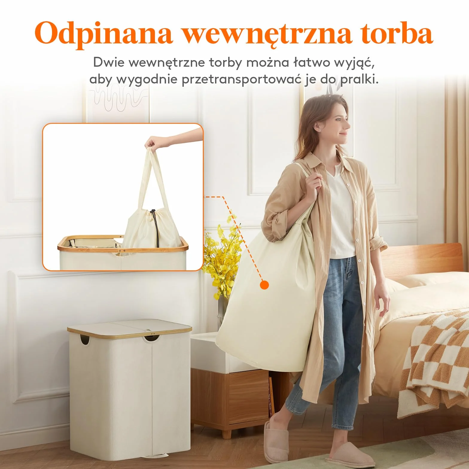 Lifewit 120L Kosz na Pranie z Pokrywą i Bambusowymi Uchwytami - Duży Składany z Wyjmowaną Torbą do Sypialni, Łazienki, Akademika, Pralni - Beżowy