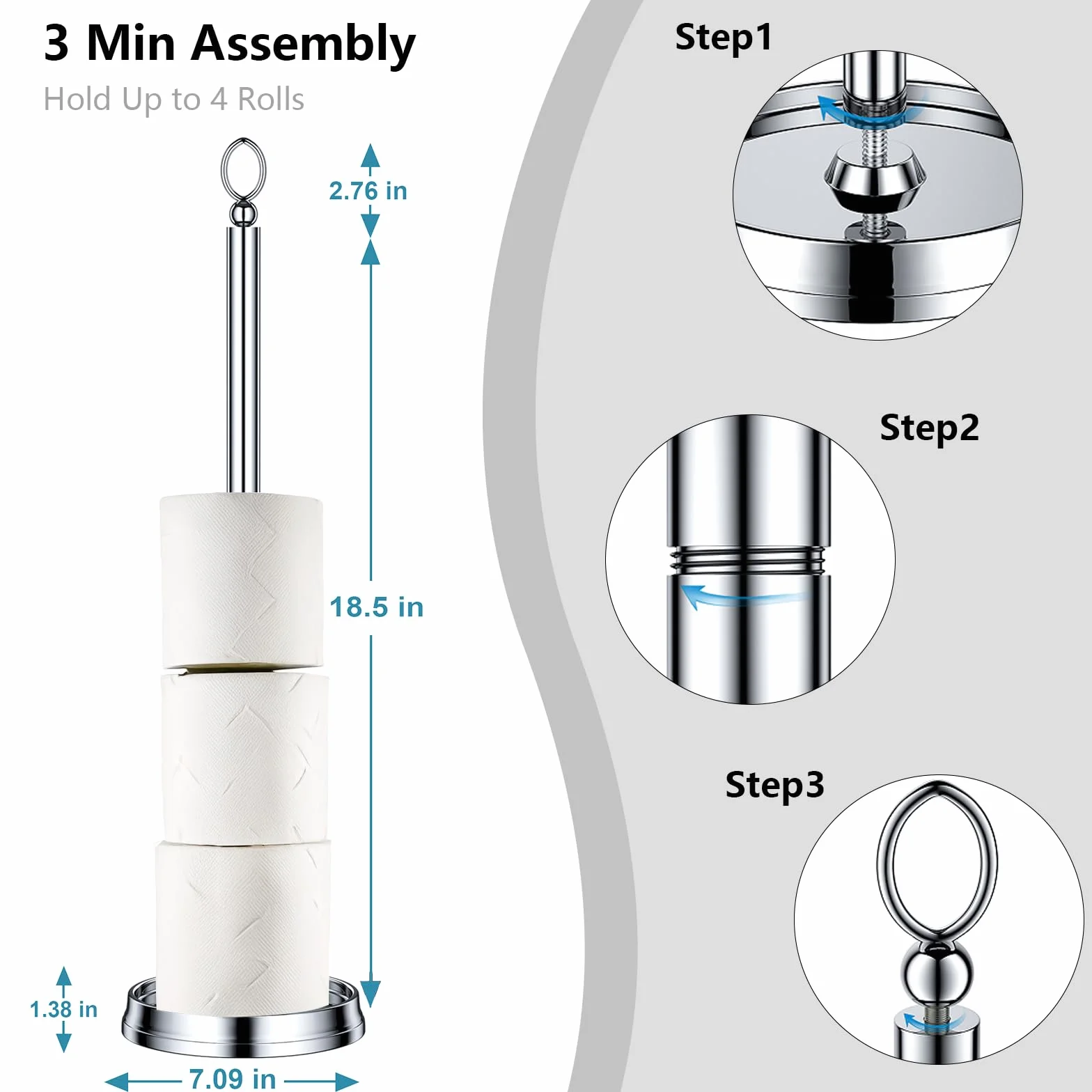ROLABAM Heavy Weighted Toilet Paper Holder with Reserve Function Free Standing Chrome 22.5"