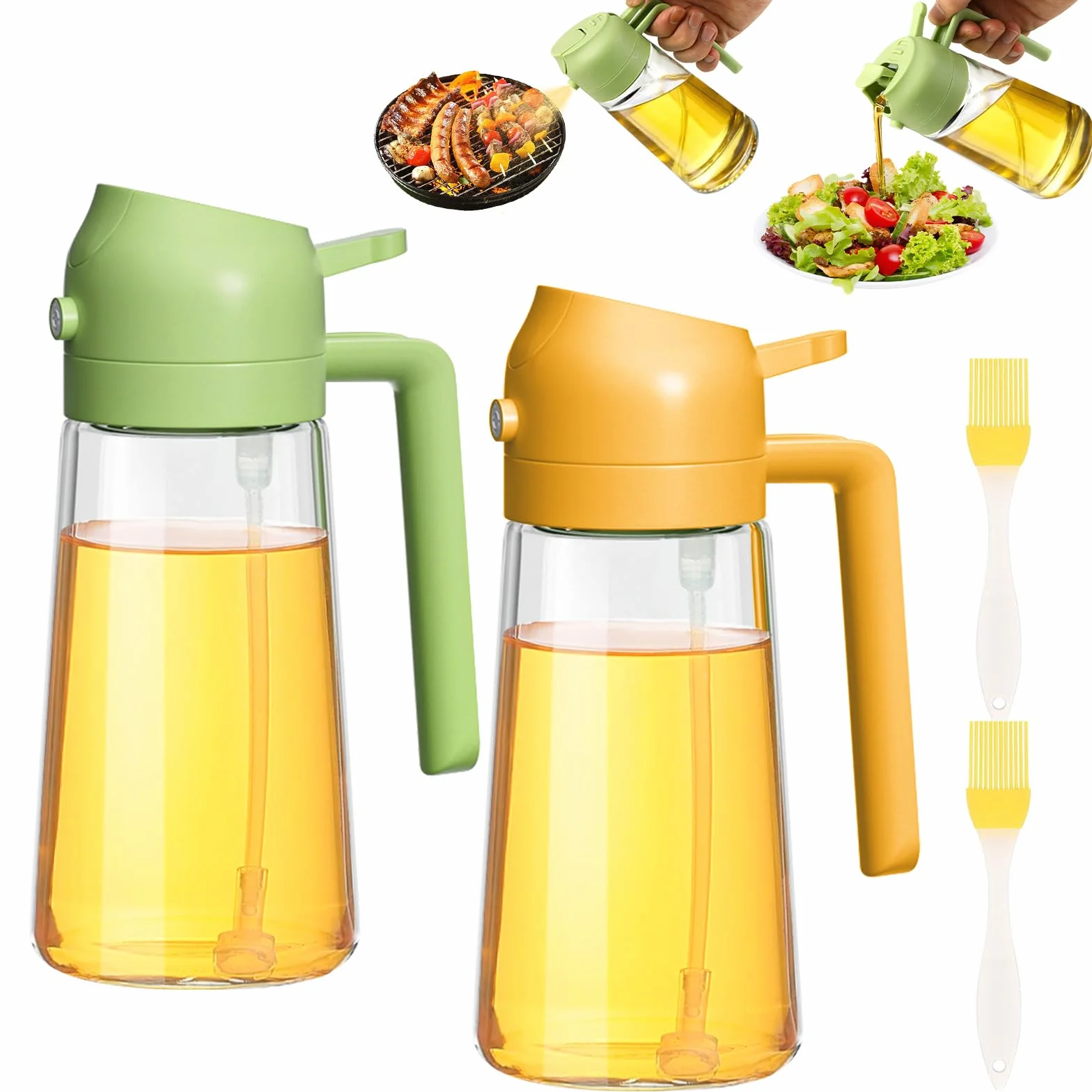 2 sztuki dozownik oliwy, 470 ml, 2 w 1 dozownik i rozpylacz oleju, szklana butelka na olej, idealny do kuchni, sałatek, smażenia, BBQ (zielony i pomarańczowy)