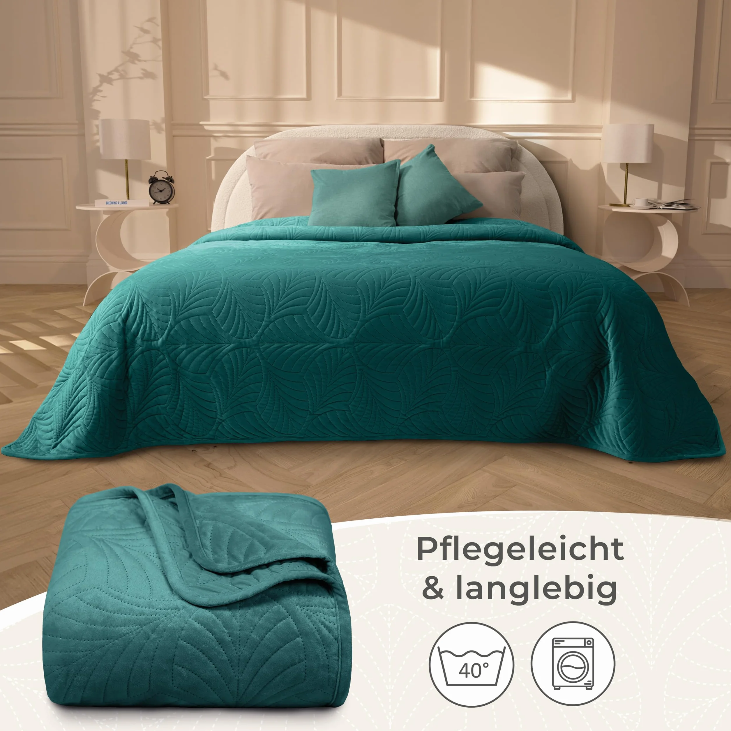 Gräfenstayn Narzuta aksamitna 240 x 260 cm z bezszwowym pikowaniem i wzorem z liści