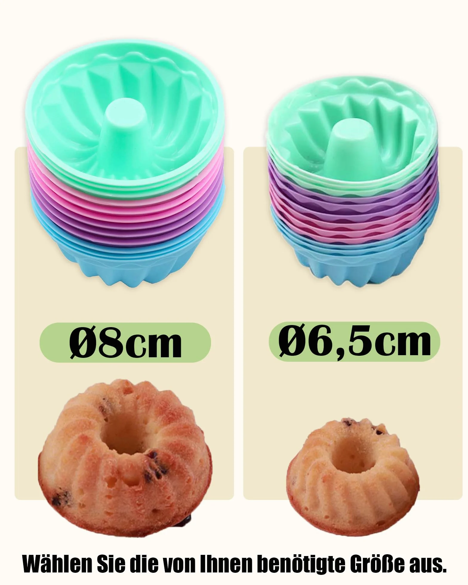 Zestaw 12 mini silikonowych foremek do kouglofa wielokrotnego użytku do muffinów, cupcake’ów, babeczek i mini kouglofów, Ø 8 cm, wysokość 5 cm