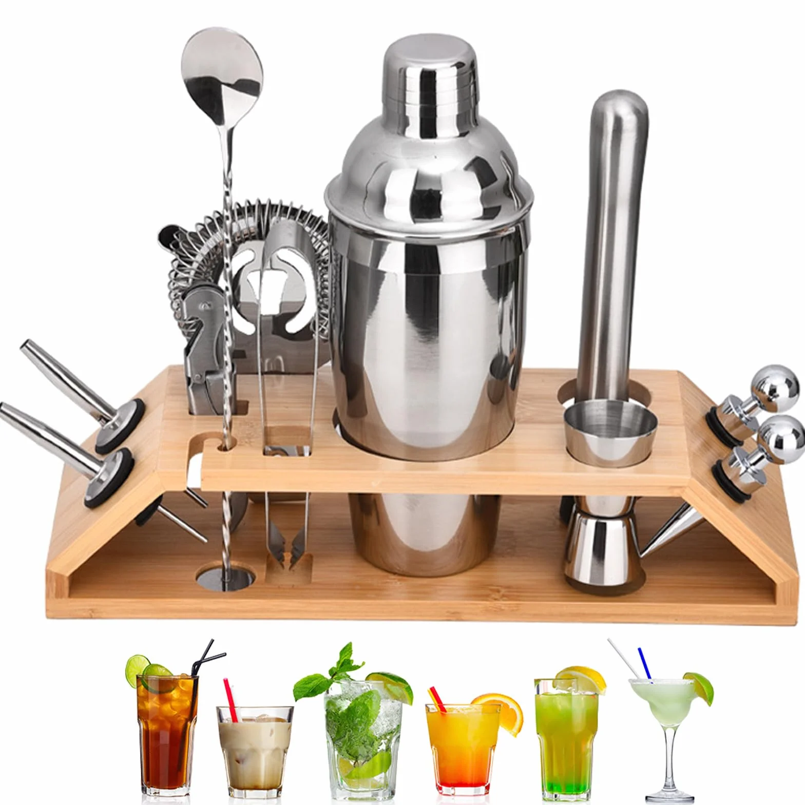 12-częściowy zestaw shakerów do koktajli z drewnianym stojakiem, 750 ml/25 uncji zestaw do mieszania koktajli ze stali nierdzewnej, zestaw do przygotowywania koktajli do domu, baru, prezent, zestaw