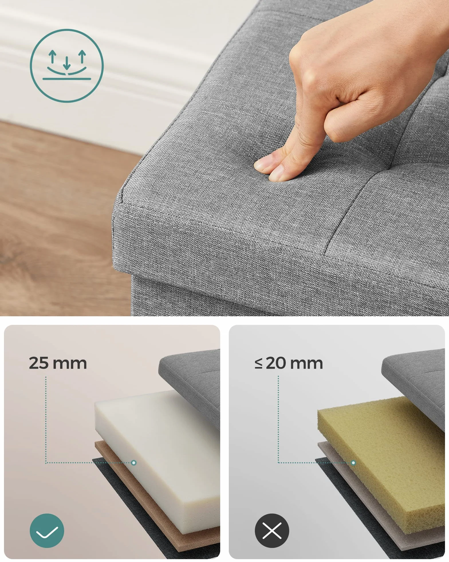 SONGMICS Ławka z miejscem do przechowywania 300 kg 80L 38x76x38 cm tkanina lniana jasnoszara LSF41G