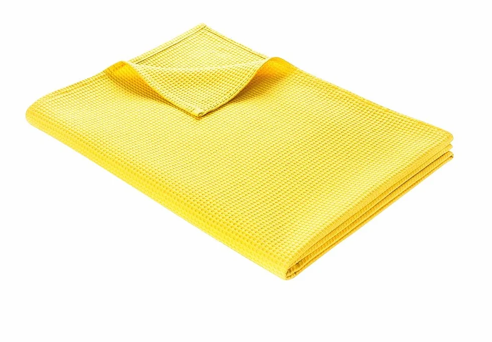 lekki koc waflowy, narzuta, 150 x 200 cm, letni, w 100% z bawełny, przewiewny, na sofę, o wszechstronnym zastosowaniu, łatwy w pielęgnacji, kolor: żółty