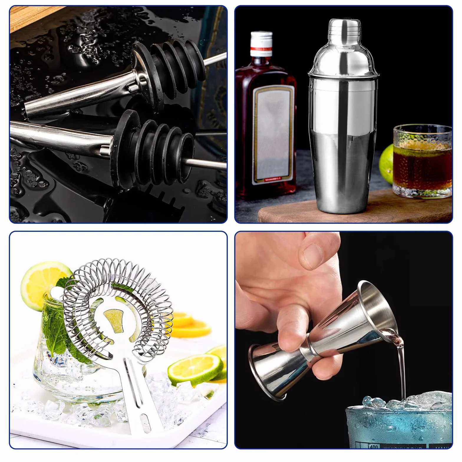 Zestaw do koktajli – shaker do koktajli ze stali nierdzewnej – zestaw do mieszania koktajli 750 ml – akcesoria do koktajli z shakerem, podwójny kubek z miarką, łyżka dla rodzin, do baru, na imprezy