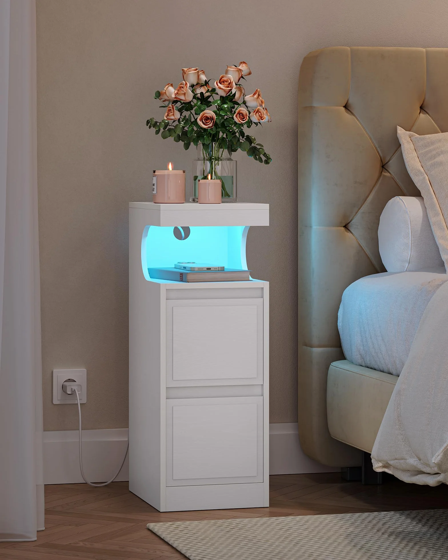 Hzuaneri Stolik Nocny z LED, Stolik Nocny z 2 Szufladami, Stolika Nocnego z otwartą Komorą w kształcie Litery U, Regulowane oświetlenie, do Sypialni, Salonu, 30 x 24 x 65 cm Biały NS39113X