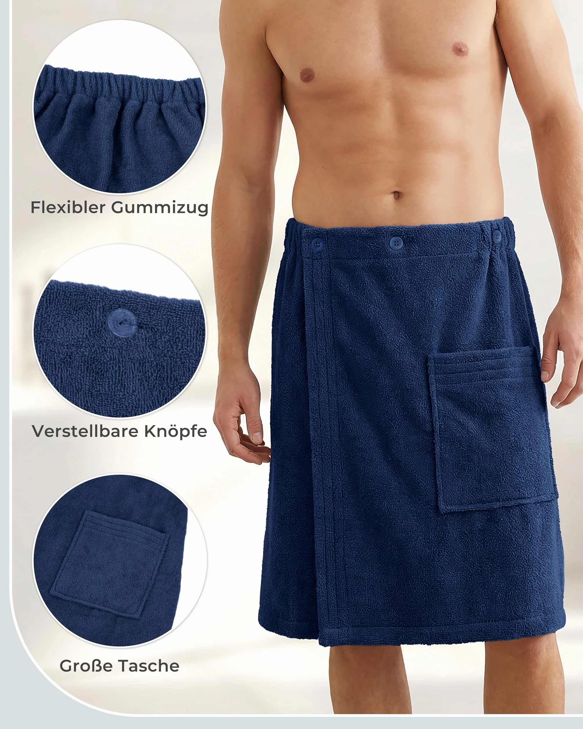 LAYNENBURG Męski kilt do sauny premium z zapięciem na guziki – 100% bawełna – Öko-Tex 100 – męski ręcznik do sauny – frotte, gumowy ściągacz do wellness, spa i sauny (M-XL ciemnoniebieski)