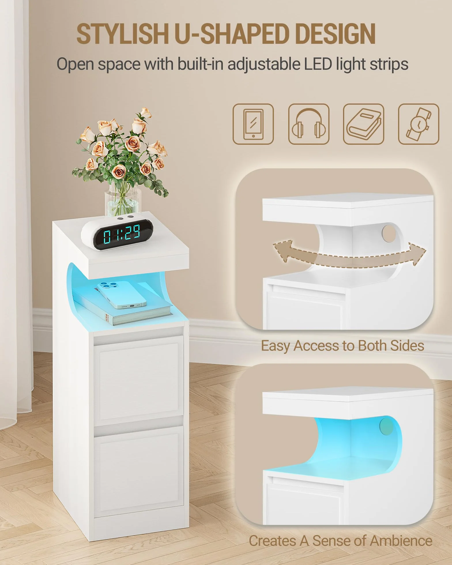 Hzuaneri Stolik Nocny z LED, Stolik Nocny z 2 Szufladami, Stolika Nocnego z otwartą Komorą w kształcie Litery U, Regulowane oświetlenie, do Sypialni, Salonu, 30 x 24 x 65 cm Biały NS39113X