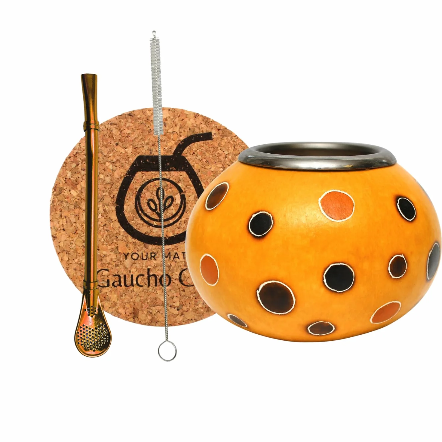 Zestaw do herbaty Yerba Mate z naturalną tykwy Ibanez, filiżanka z dynią i słomką Bombilla, szczotka i podkładka korkowa, pomarańczowy