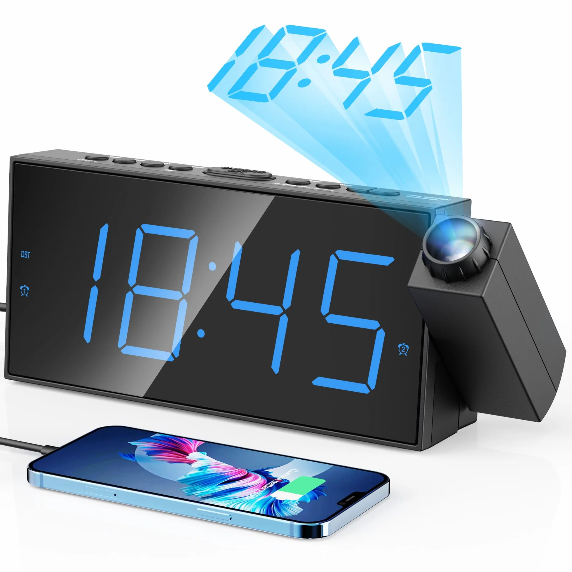 Budzik projekcyjny, 7-calowy cyfrowy wyświetlacz i ściemniacz, podwójny alarm, złącze USB, regulowana głośność alarmu, drzemka, 12/24, zapasowa bateria do sypialni, sufitu, ściany, domu, dzieci,