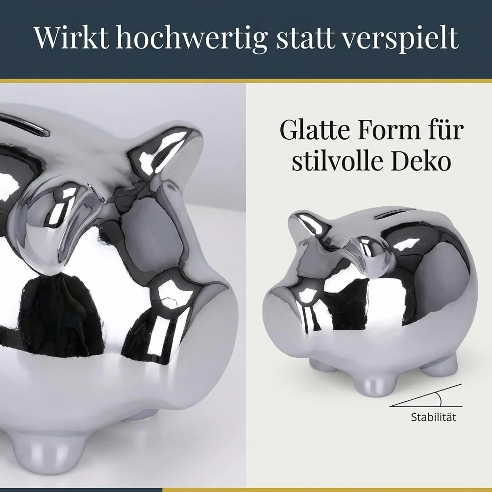 MIJOMA Skarbonka świnka 12 x 9 x 9 cm – galwanizowana ceramika dolomitowa z błyszczącym wykończeniem – stylowa dekoracja i prezent pieniężny do salonu, biura lub regału (kolor srebrny)