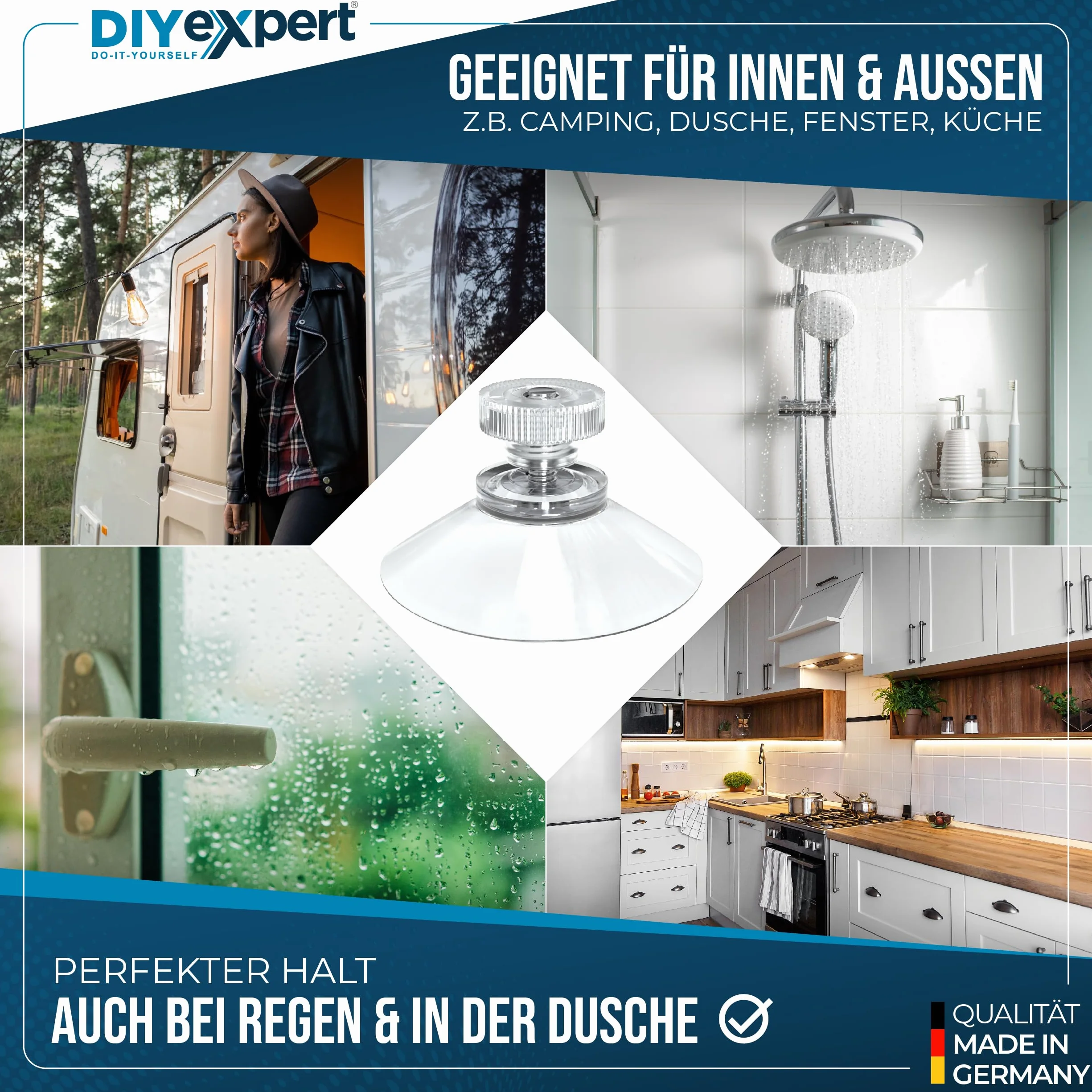 DIYexpert® 4 x przyssawka Ø 50 mm, z gwintem M4 x 10 mm, w zestawie nakrętki radełkowane przezroczyste - wyprodukowano w Niemczech