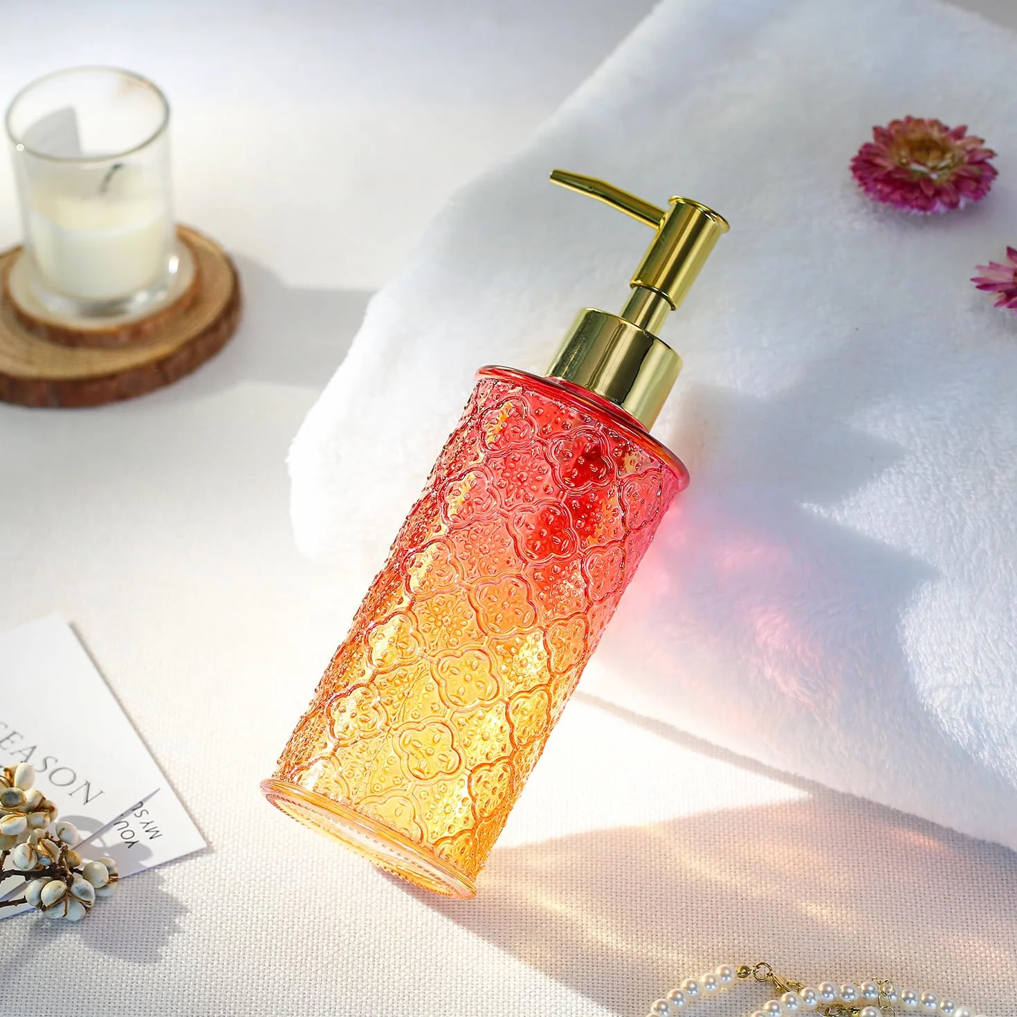 Szklany dozownik mydła z pompką YunNasi czerwono-pomarańczowy