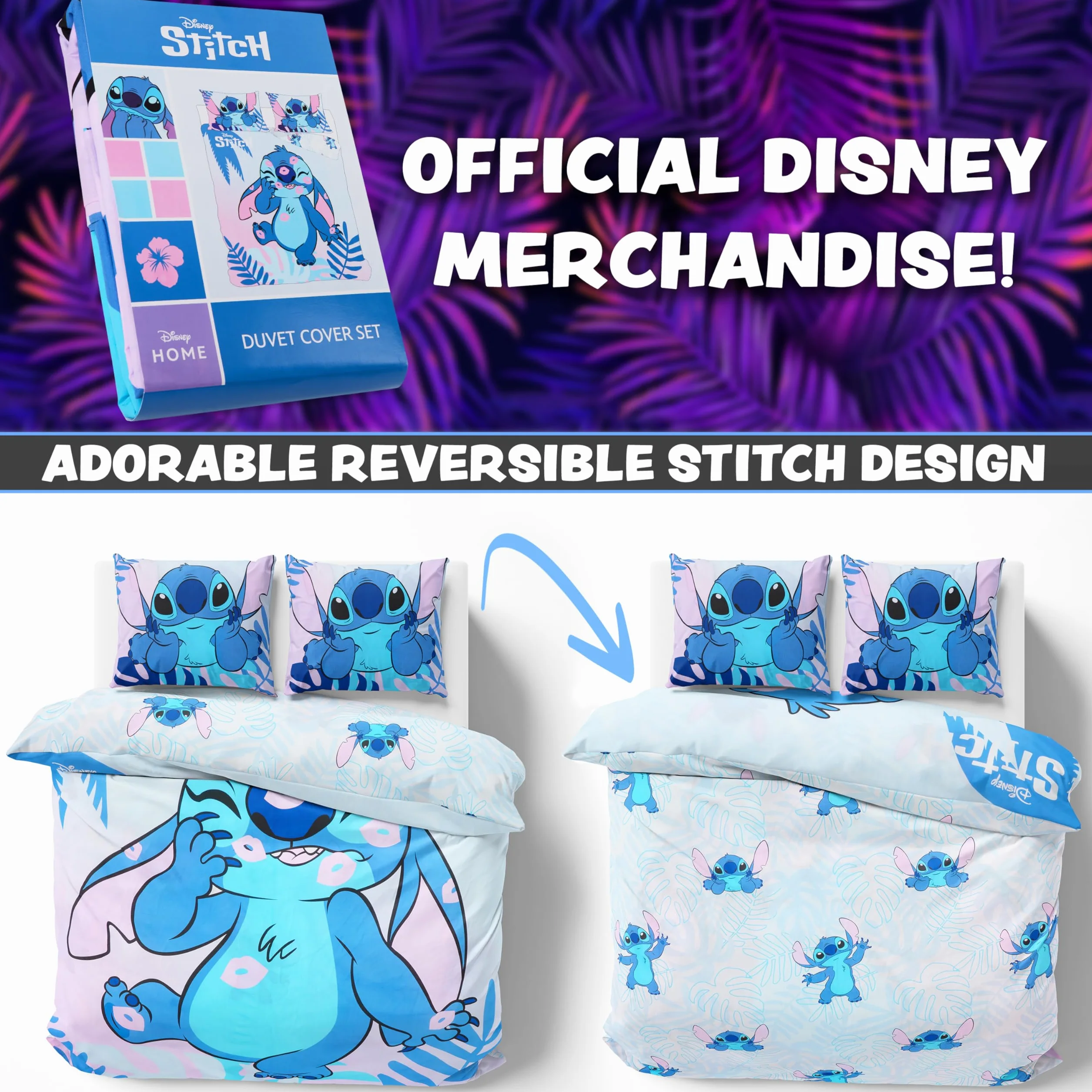 Disney Stich poszewka na kołdrę i poduszka dla dzieci i nastolatków, pościel do sypialni - pojedyncza lub podwójna (Niebieska Stich podwójna)