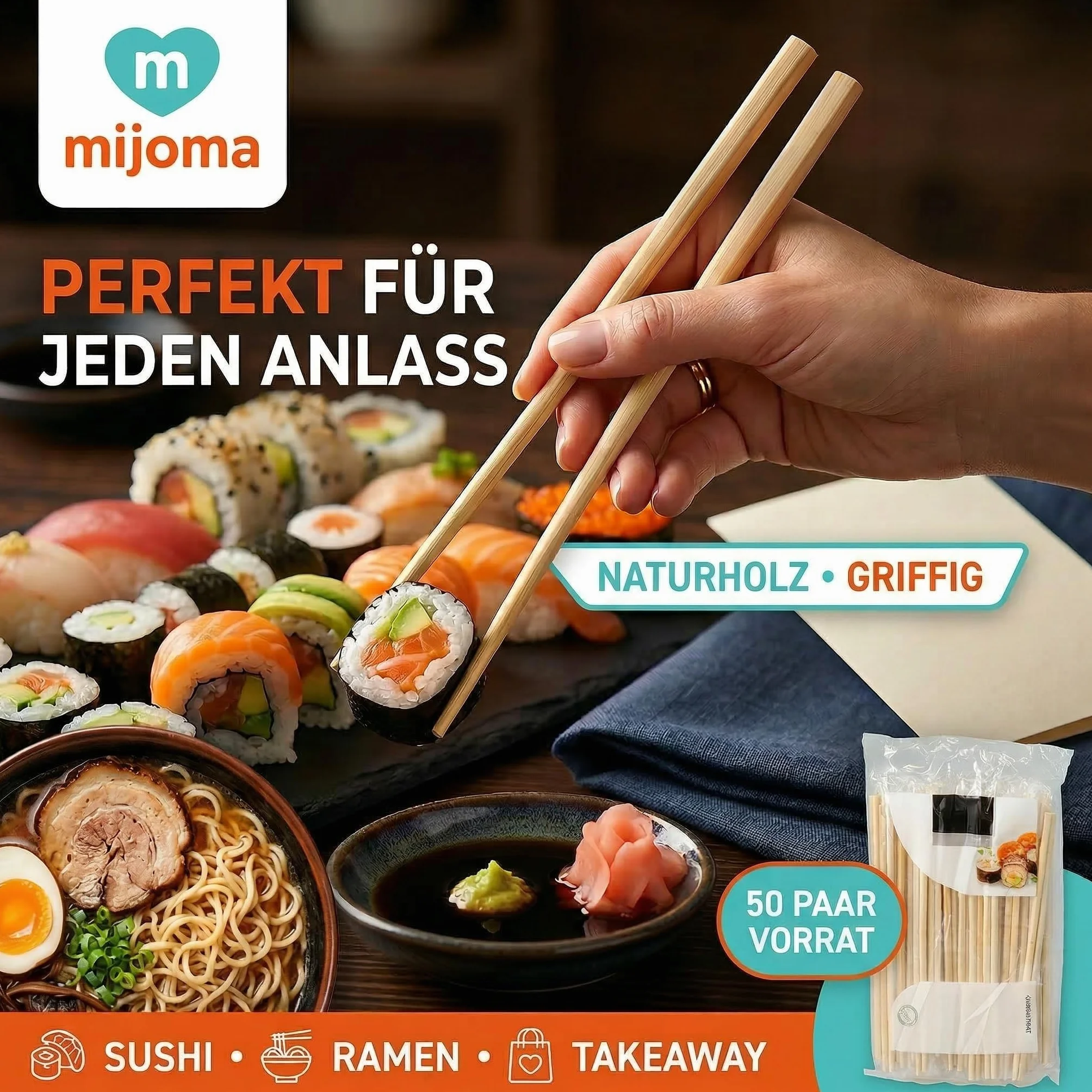 MIJOMA Pałeczki do jedzenia 50 par 19,5 cm – drewniane – do sushi, ramen i na wynos – lekkie i wygodne w użytku na co dzień i dla gości