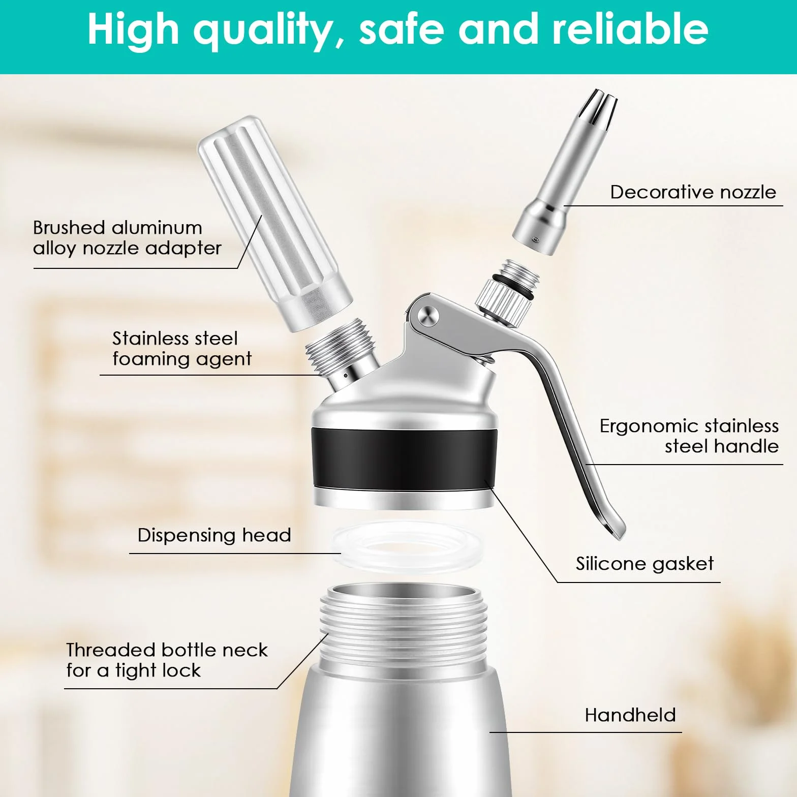 Syfon aluminiowy dozownik śmietany 500 ml z 3 dyszami ze stali nierdzewnej