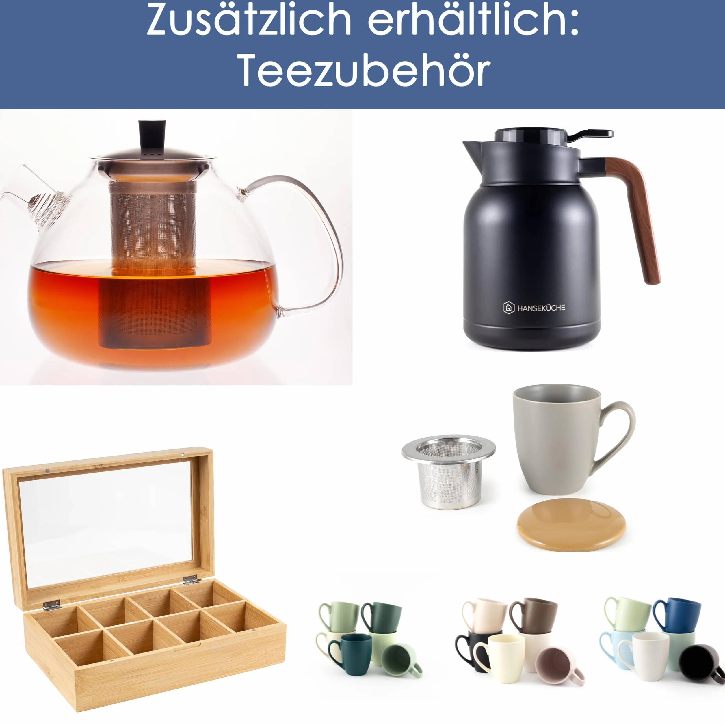 Hanseküche Dzbanek do herbaty – wysokiej jakości dzbanek do herbaty z sitkiem ze stali nierdzewnej 304 – do herbaty i torebek herbaty, czarny, glazury, sitko, wyjmowany, nierdzewny (ceramika, 1,3 l)