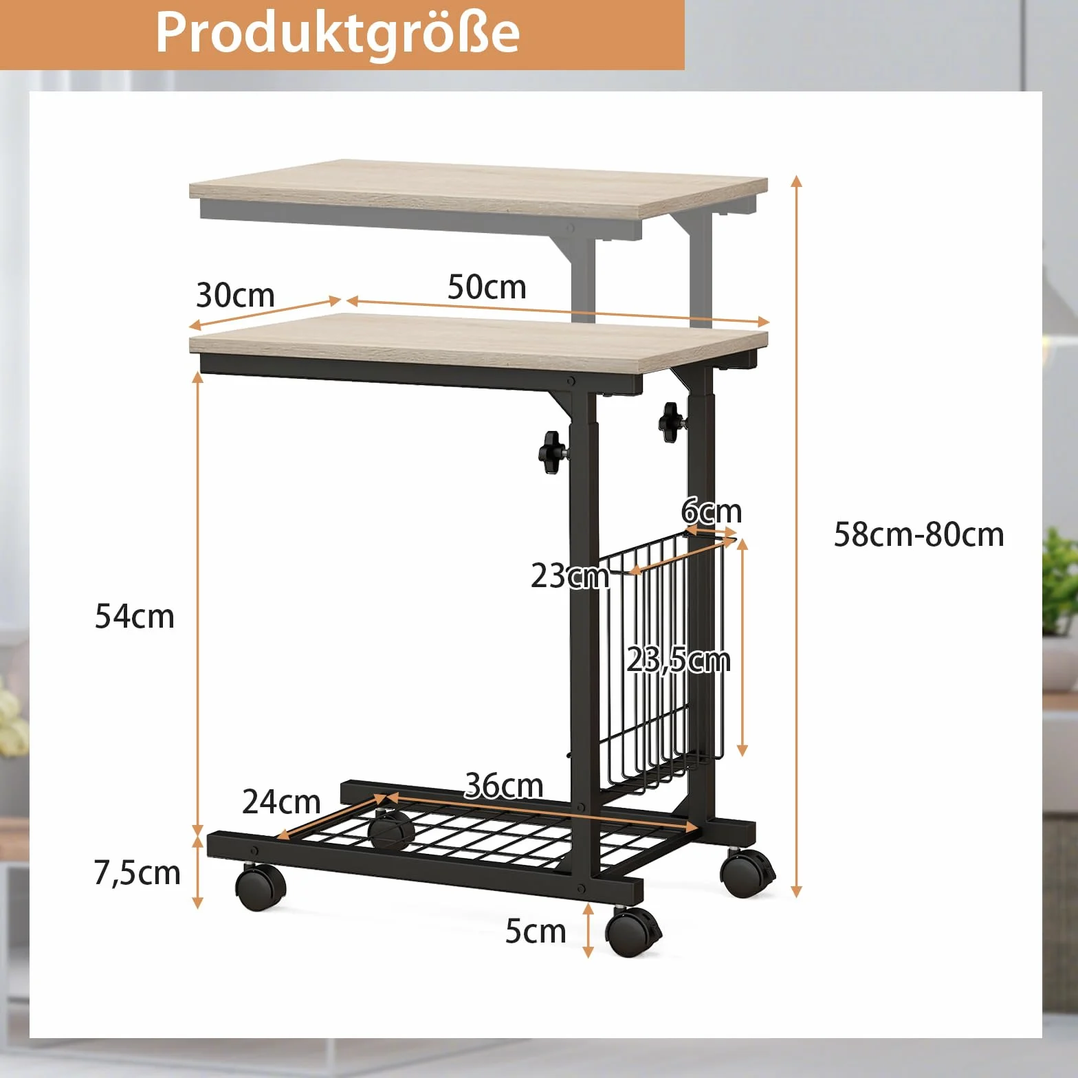 COSTWAY Stolik pomocniczy na kółkach, stolik do laptopa z regulacją wysokości, z koszem do przechowywania, stolik kawowy w kształcie litery C, stolik na łóżko, industrialny, metalowa rama, 50 x 30 x
