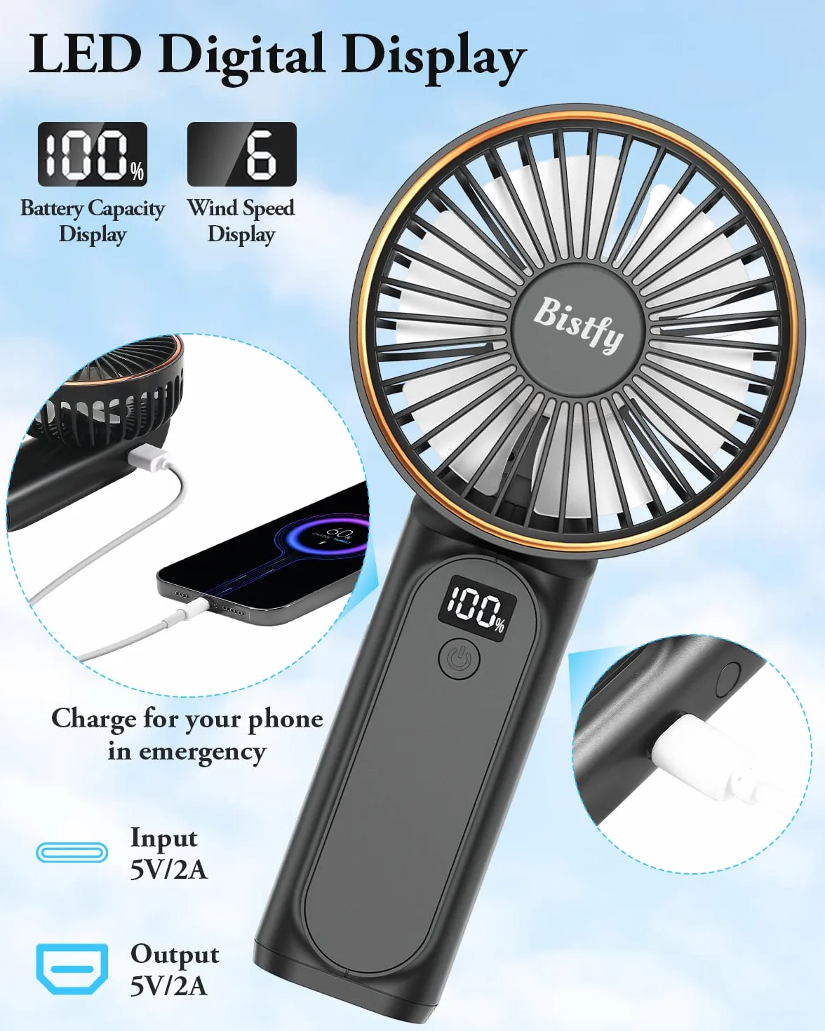 Przenośny wentylator ręczny 5200 mAh z akumulatorem, bardzo cichy 6-biegowy wentylator ręczny USB C 180°Foldable jako wentylator na szyję