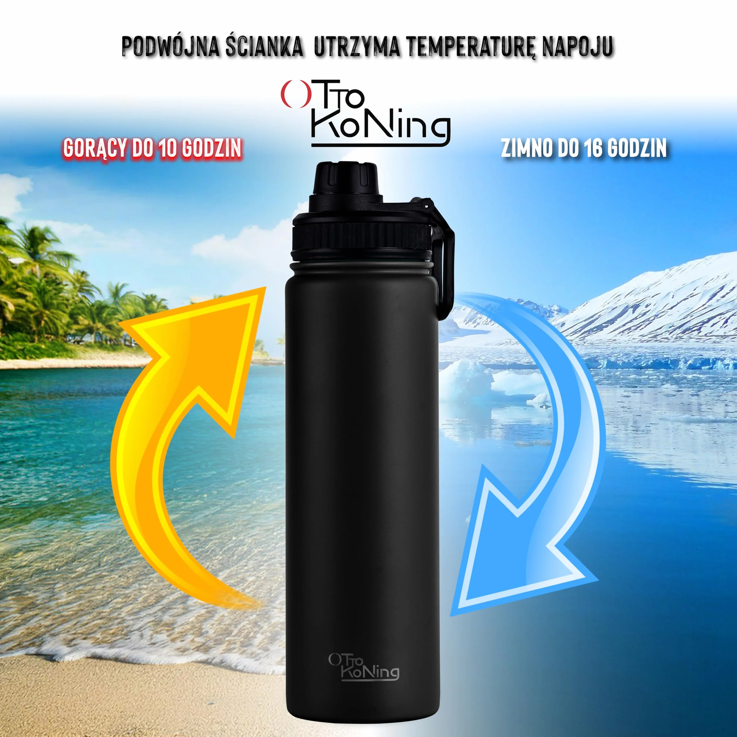 Otto Koning Butelka Wody ze Stali Nierdzewnej 750ml - Termos z Podwójną Ścianą Izolowaną Próżniowo, Bez Kondensacji i Oparzeń na Zewnątrz, Utrzymuje Napój Zimny przez 16h i Gorący przez 10h, Wodoszcze