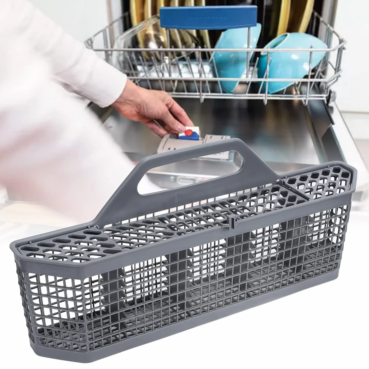 Kosz do przechowywania sztućce, plastikowy, uniwersalny, dla zmywarki WD28X10128, konstrukcja z otwartą siatką