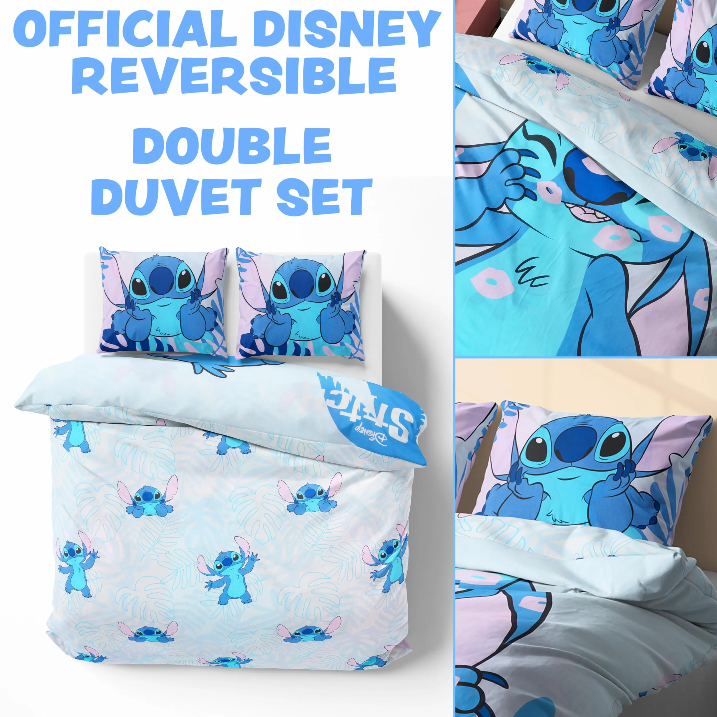 Disney Stich poszewka na kołdrę i poduszka dla dzieci i nastolatków, pościel do sypialni - pojedyncza lub podwójna (Niebieska Stich podwójna)