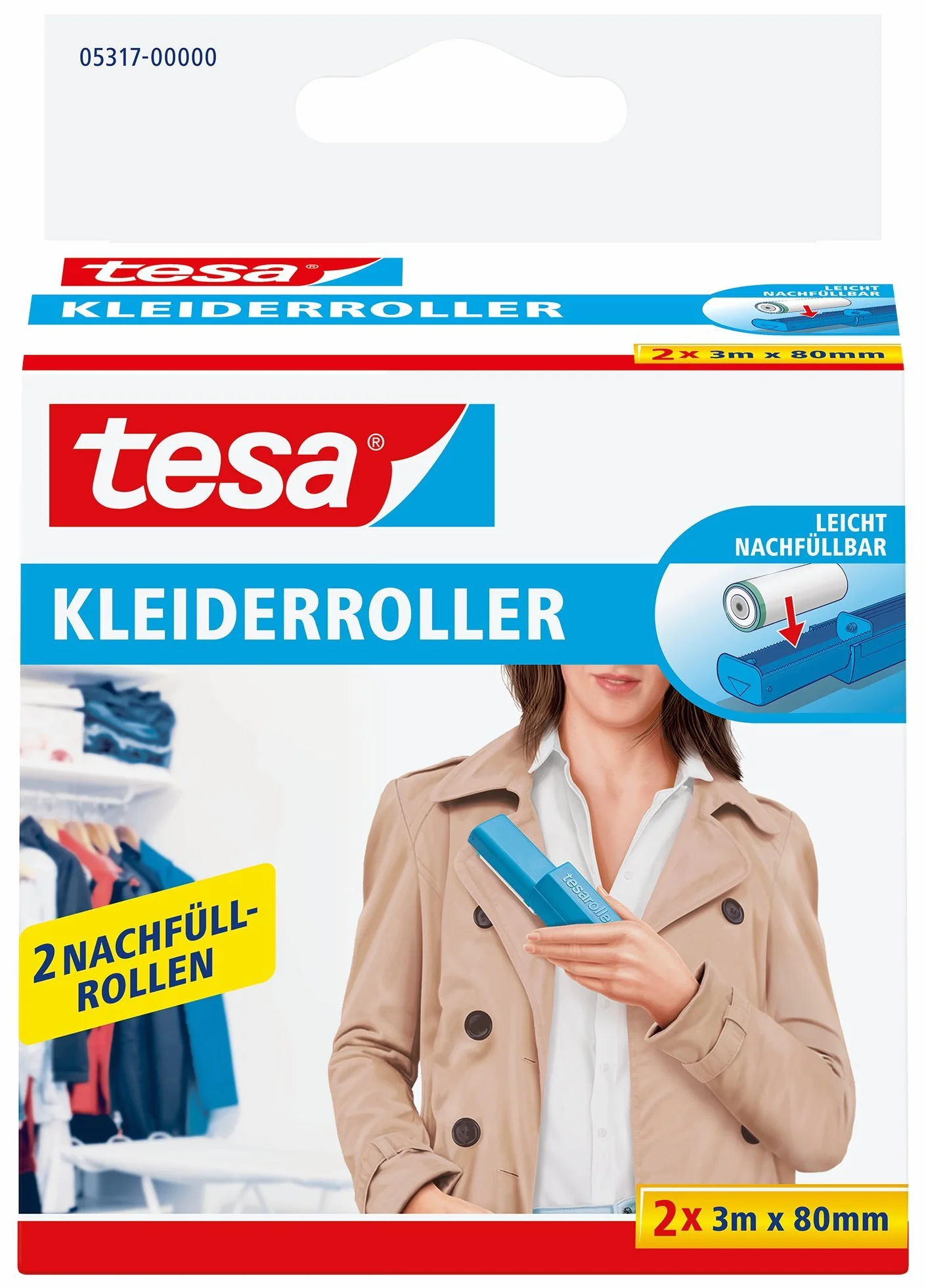 tesa Wałek na ubrania opakowanie uzupełniające, 2 x 3 m x 80 mm